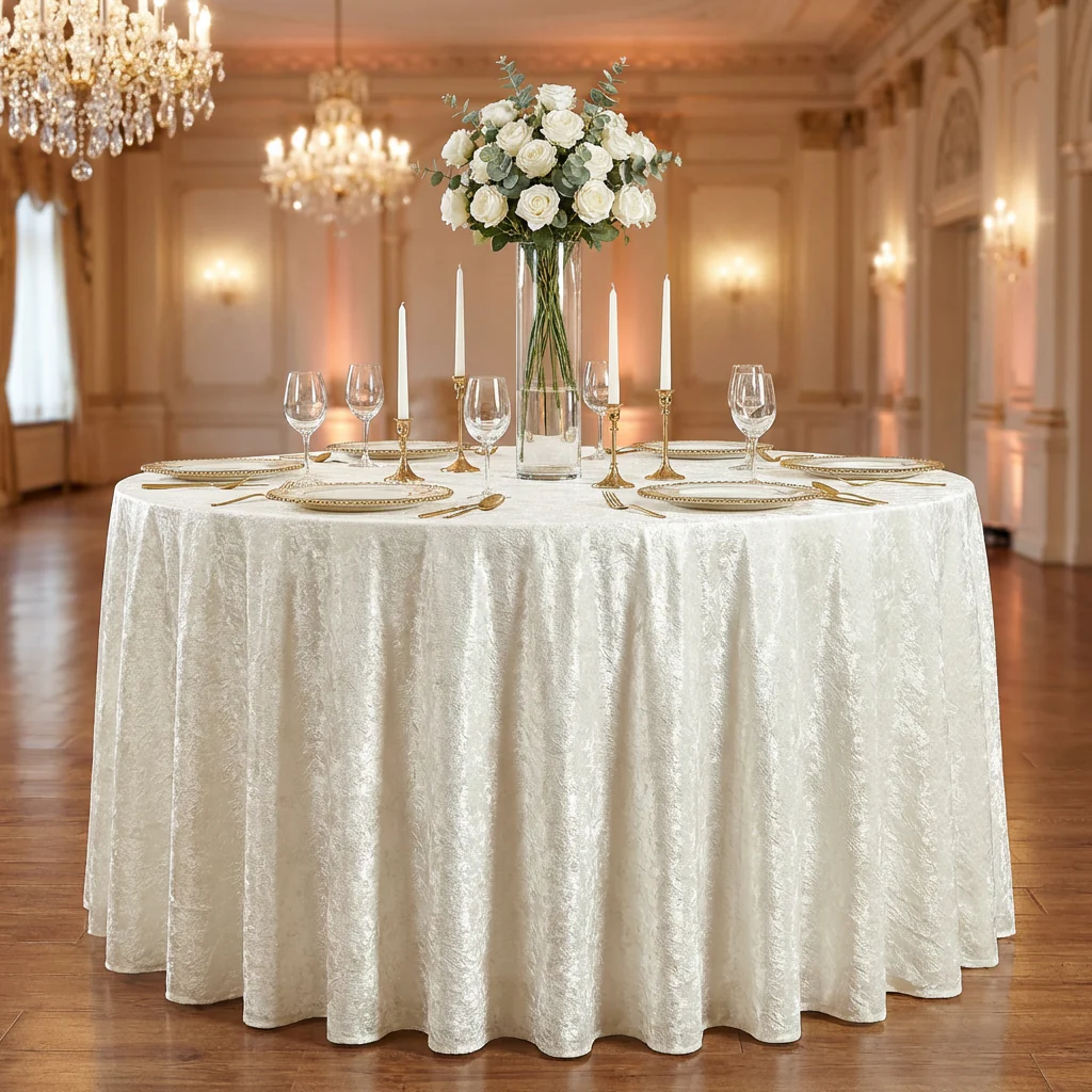 Crinkle Shimmer 120" Round Tablecloth - Light Ivory/Off White - Image 2