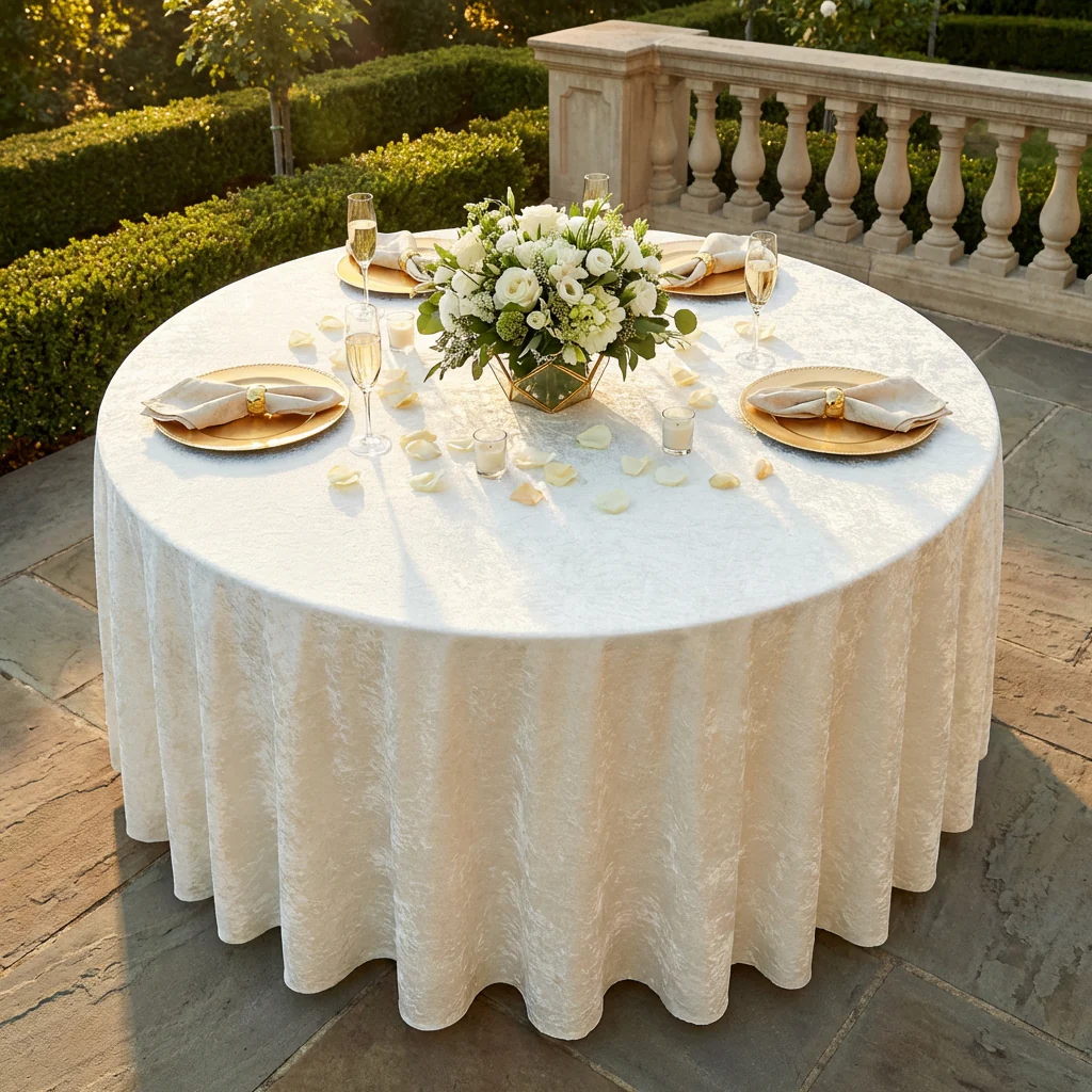 Crinkle Shimmer 120" Round Tablecloth - Light Ivory/Off White - Image 3