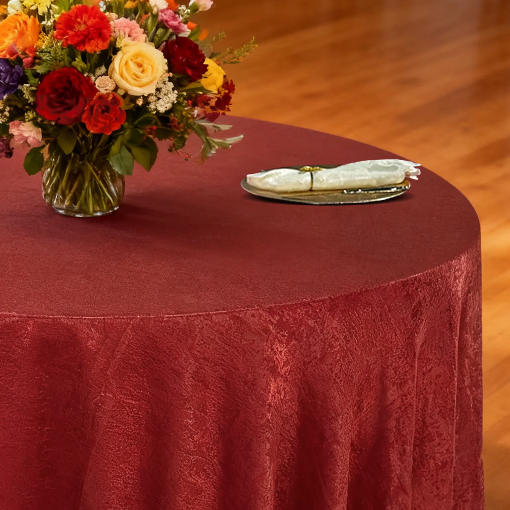 Crinkle Shimmer 132" Round Tablecloth - Burgundy - Image 3