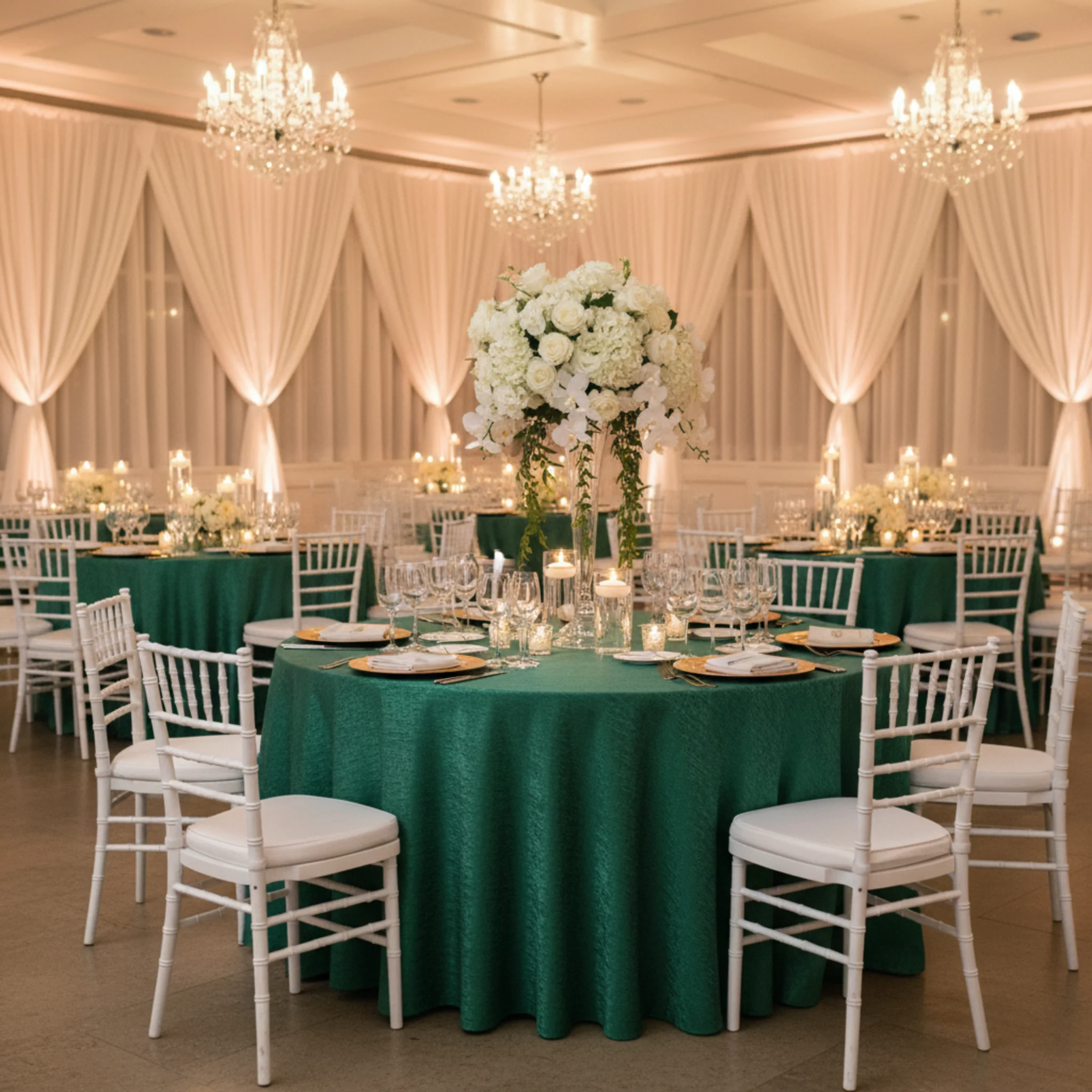 Crinkle Shimmer 132" Round Tablecloth - Emerald Green - Image 5