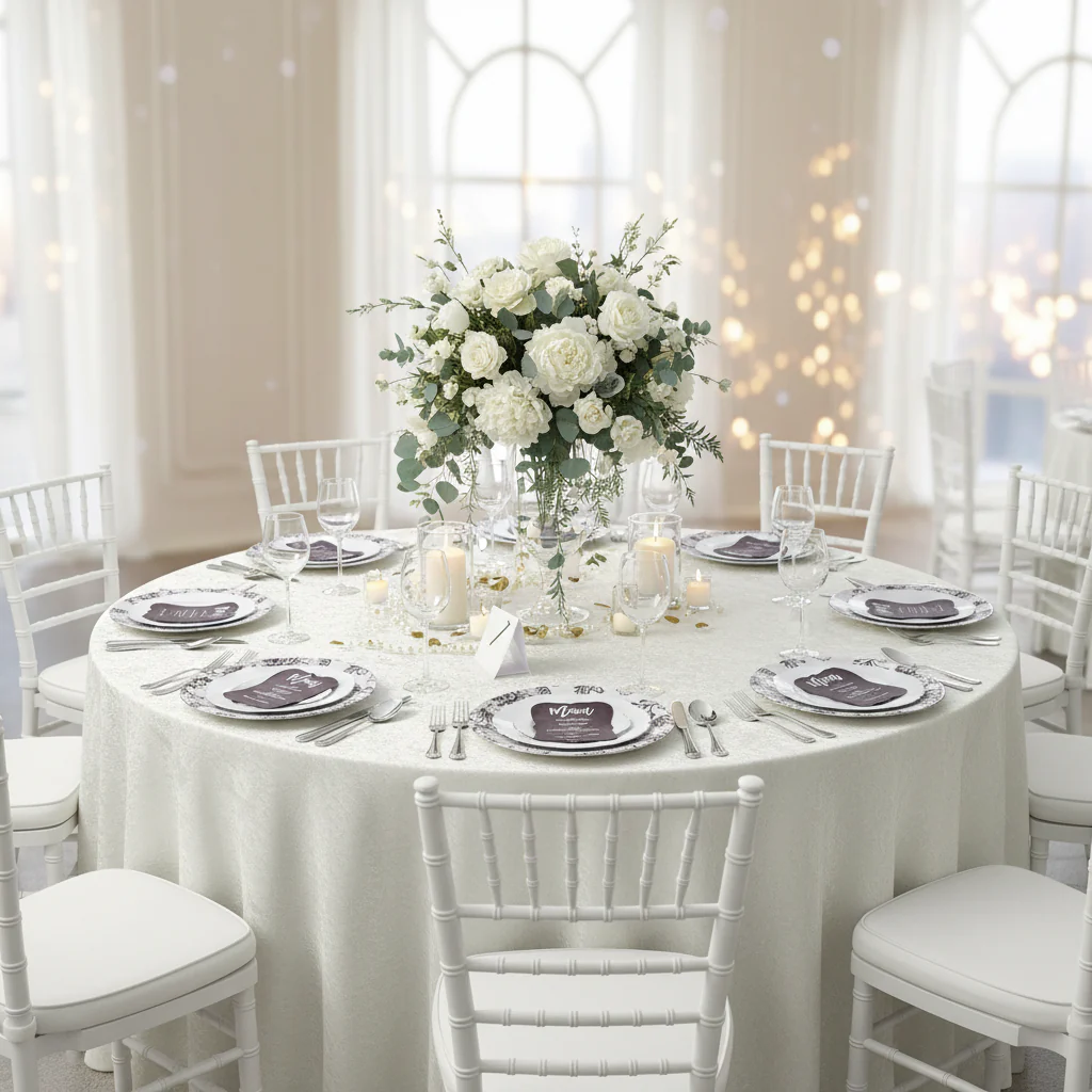 Crinkle Shimmer 132" Round Tablecloth - Light Ivory/Off White - Image 3