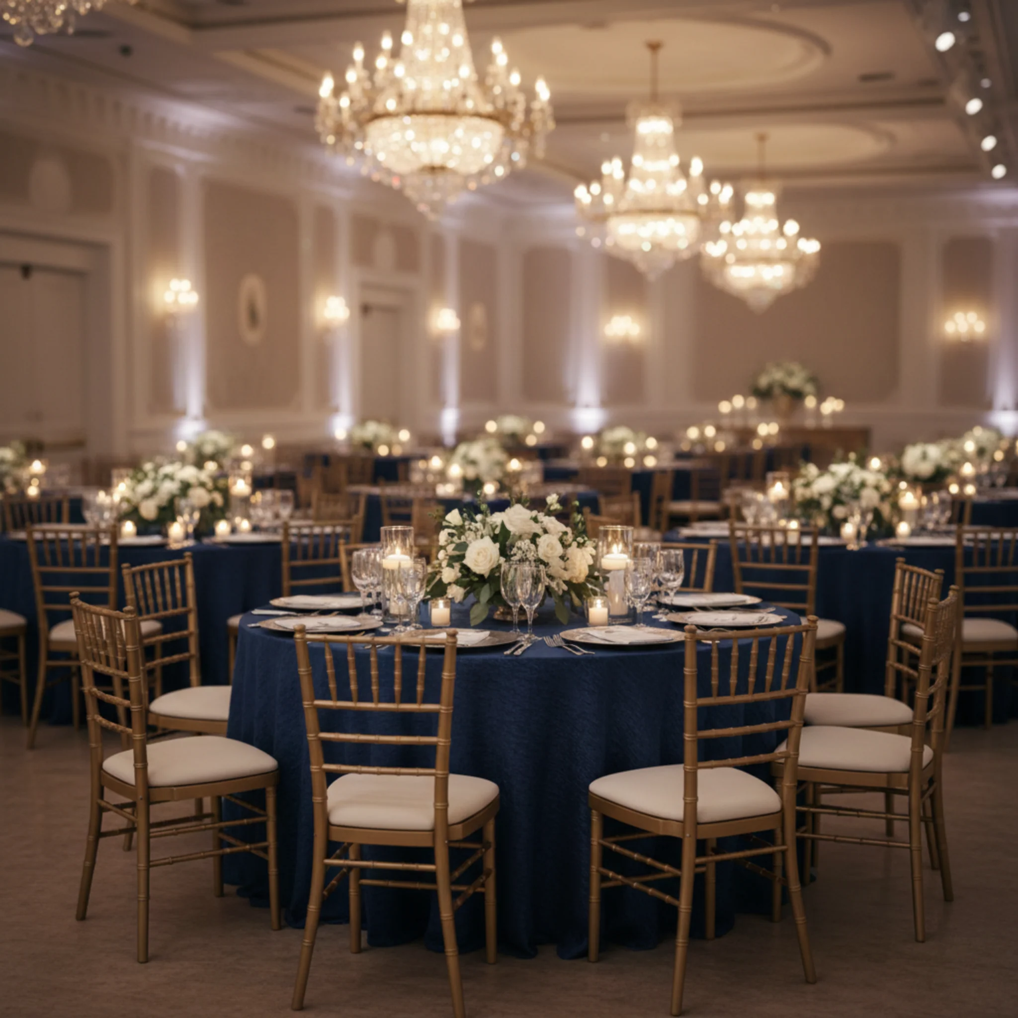 Crinkle Shimmer 132" Round Tablecloth - Navy Blue - Image 5