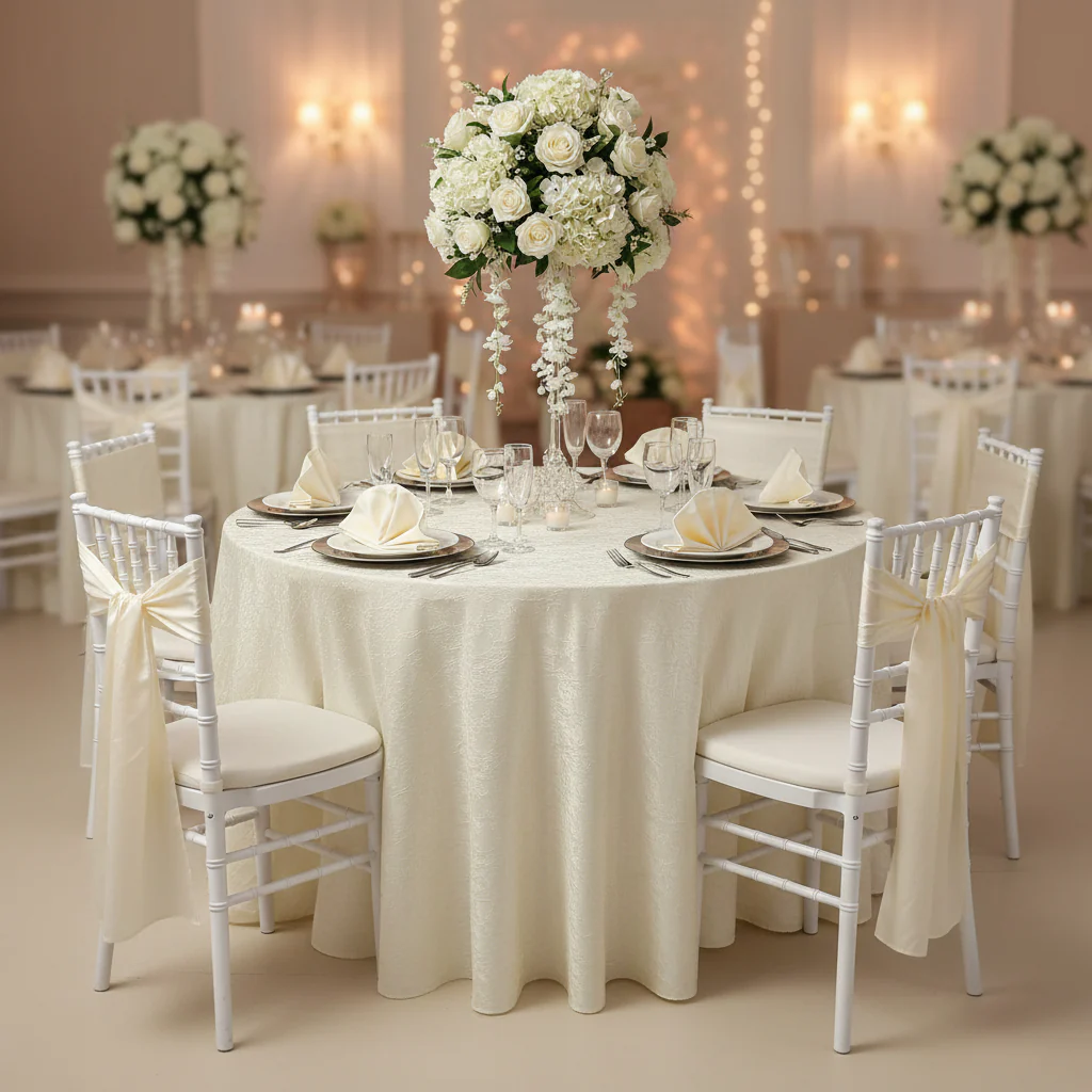 Crushed Taffeta 120" Round Tablecloth - Ivory - Image 4
