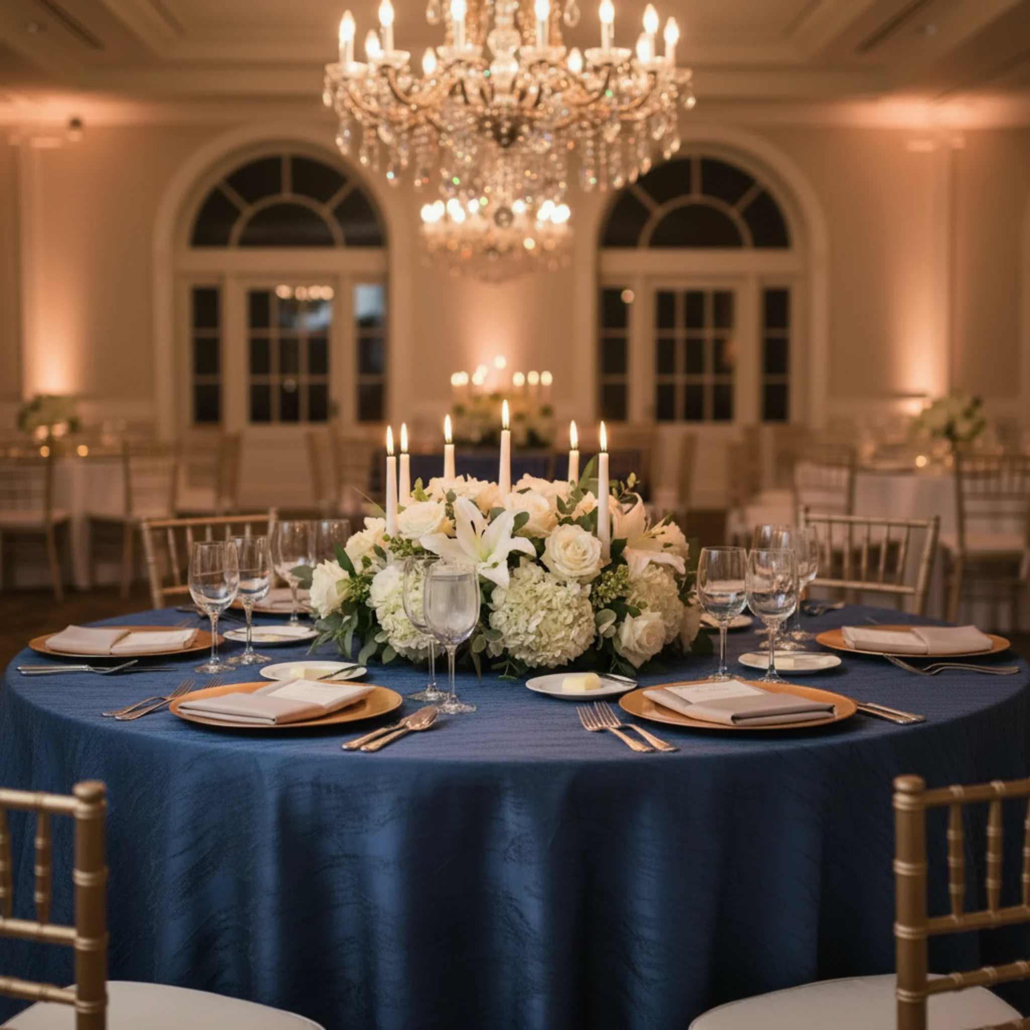 Crushed Taffeta 120" Round Tablecloth - Navy Blue - Image 3