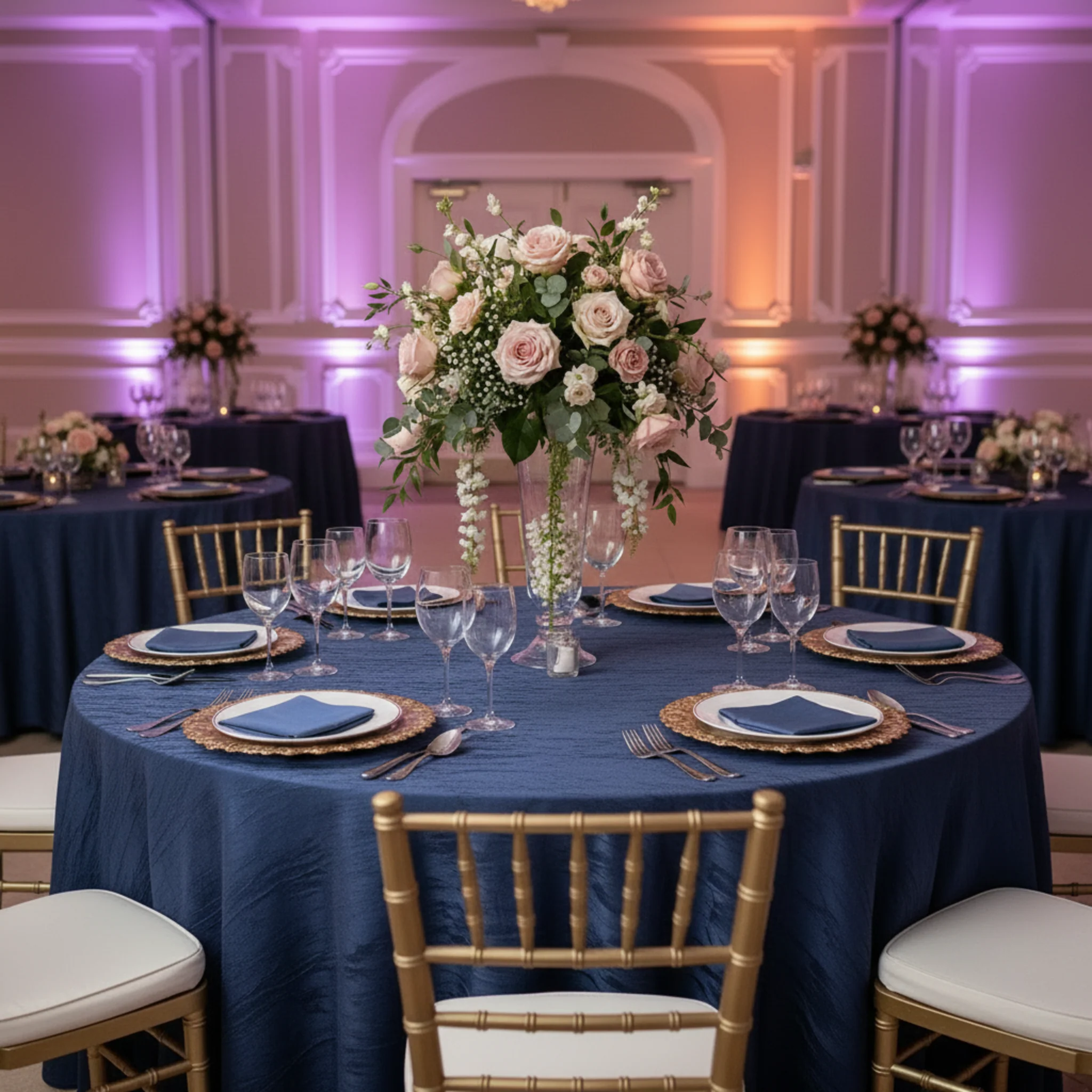 Crushed Taffeta 120" Round Tablecloth - Navy Blue - Image 4
