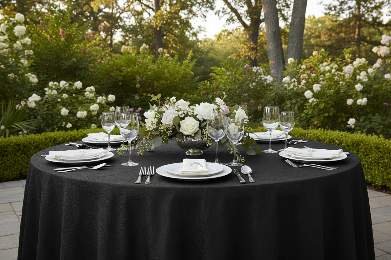 Crushed Taffeta 132" Round Tablecloth - Black - Image 4
