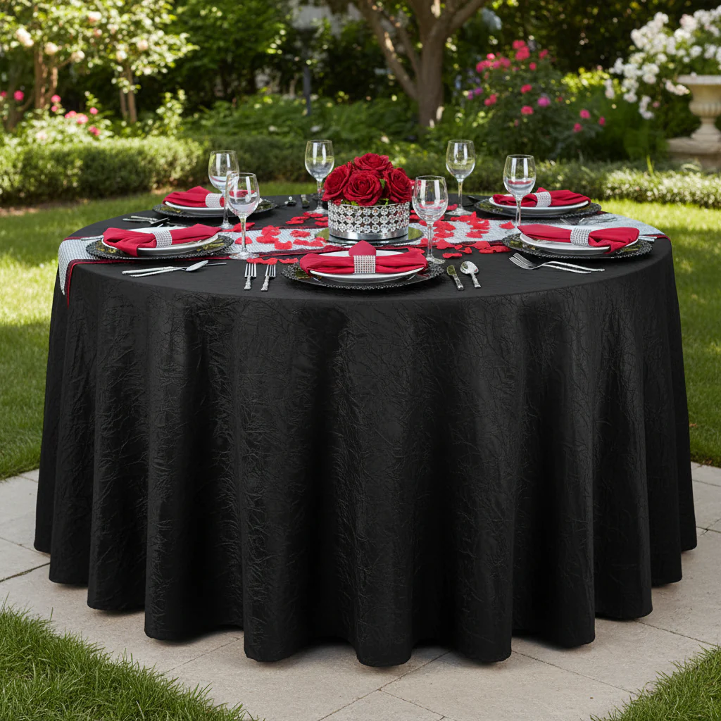 Crushed Taffeta 132" Round Tablecloth - Black - Image 5