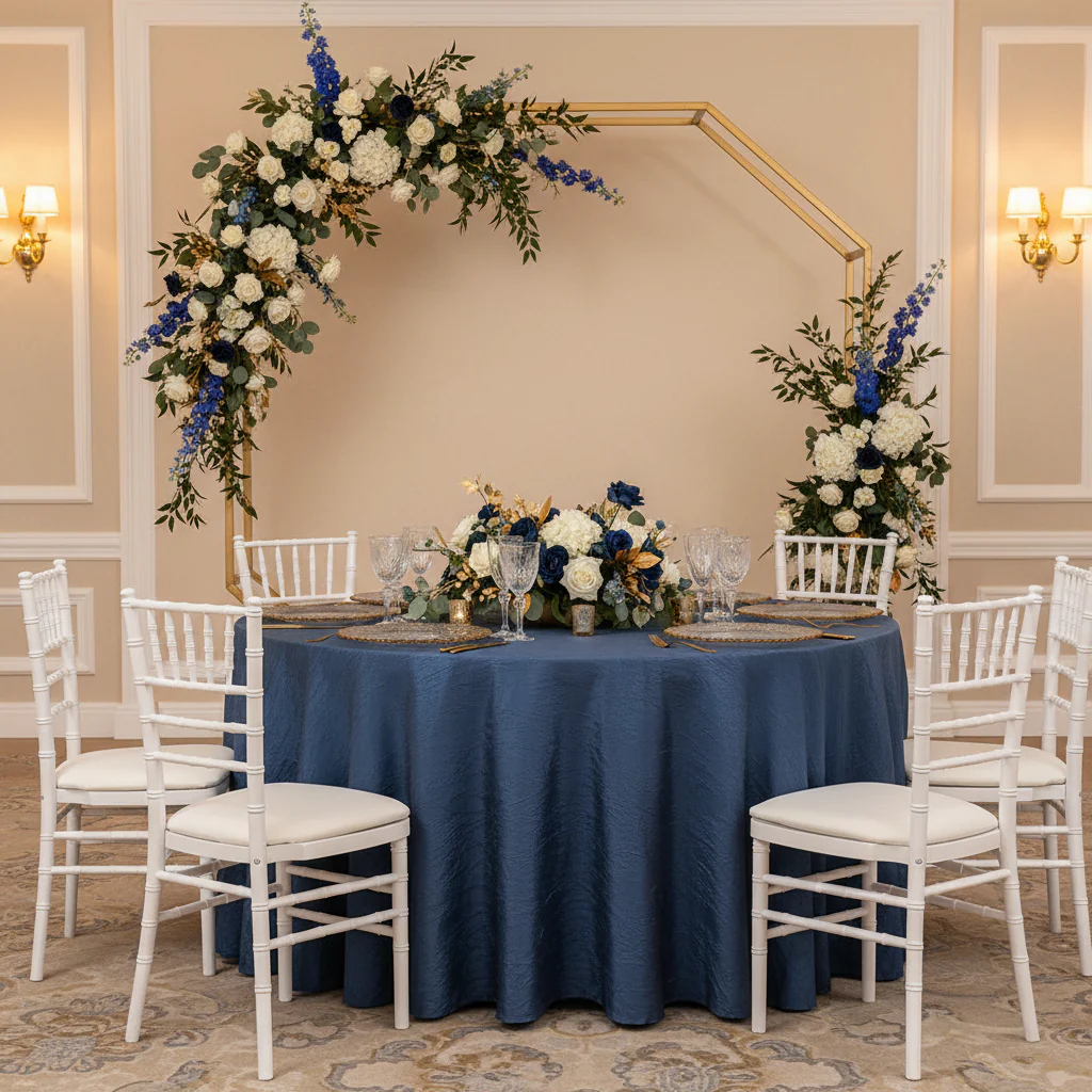 Crushed Taffeta 132" Round Tablecloth - Navy Blue