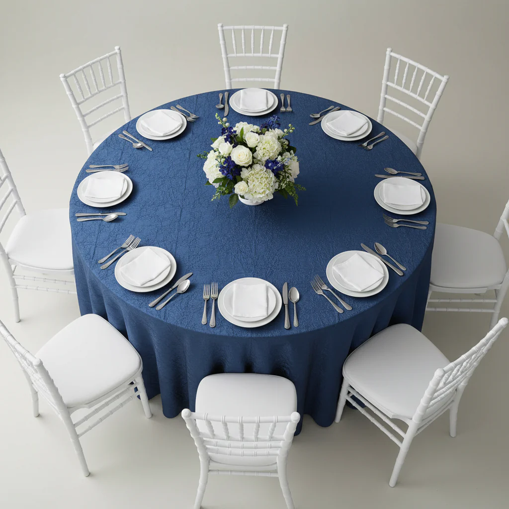Crushed Taffeta 132" Round Tablecloth - Navy Blue - Image 3