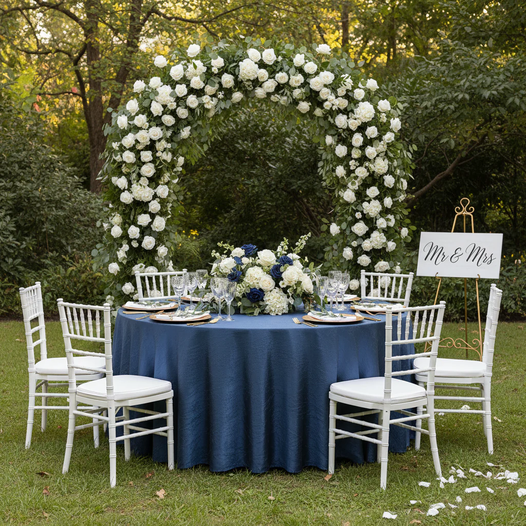 Crushed Taffeta 132" Round Tablecloth - Navy Blue - Image 5
