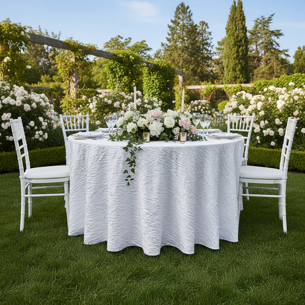 Crushed Taffeta 132" Round Tablecloth - White - Image 2