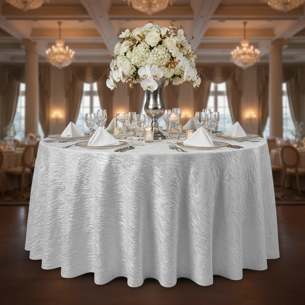 Crushed Taffeta 132" Round Tablecloth - White - Image 4