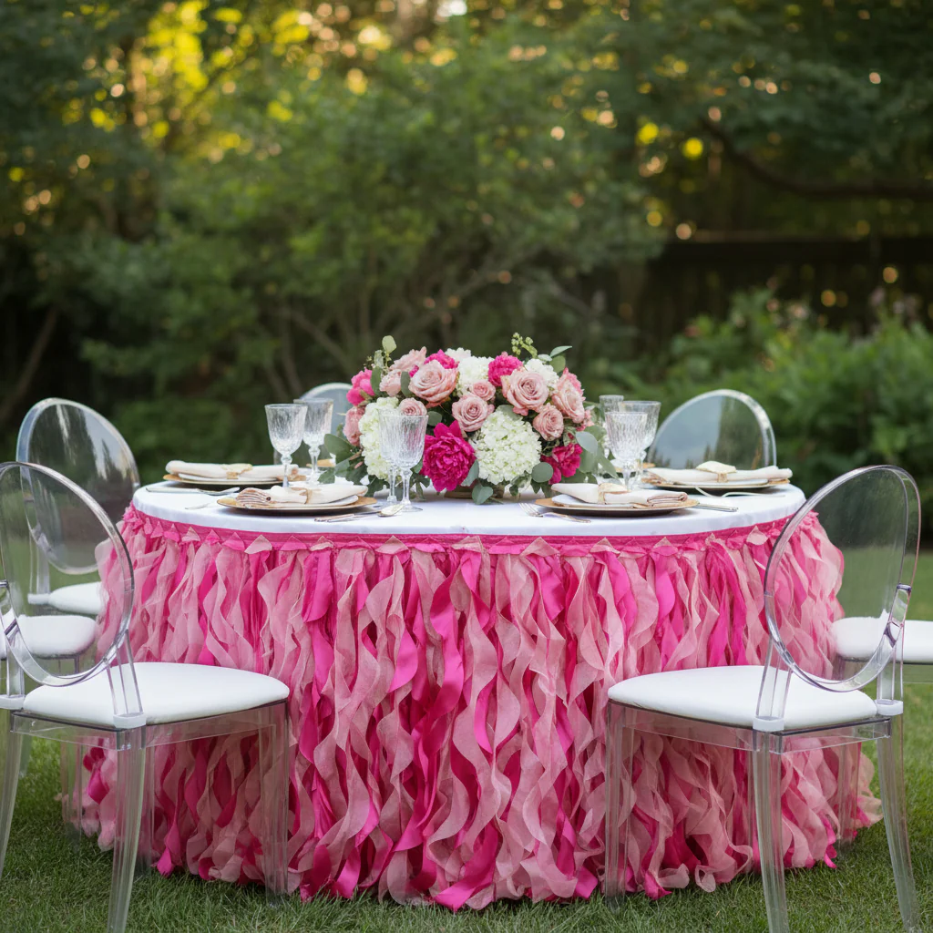 Curly Willow 17ft Table Skirt - Fuchsia - Image 5
