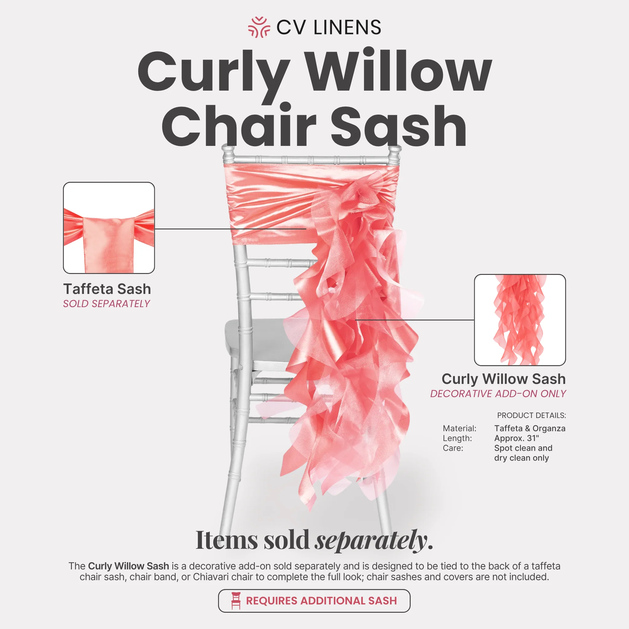 Curly Willow Chair Sash - Coral - Image 2