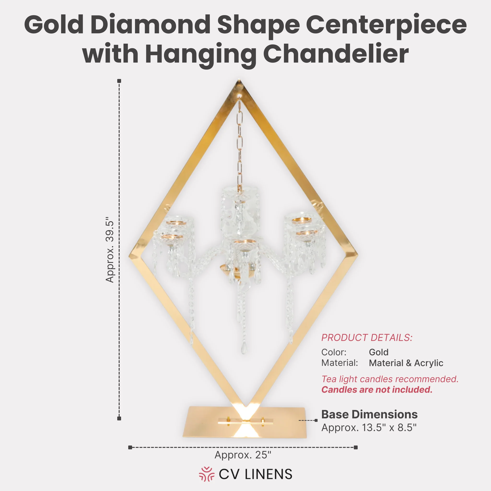 Diamond Shape Centerpiece with Hanging Chandelier - Gold - Image 3