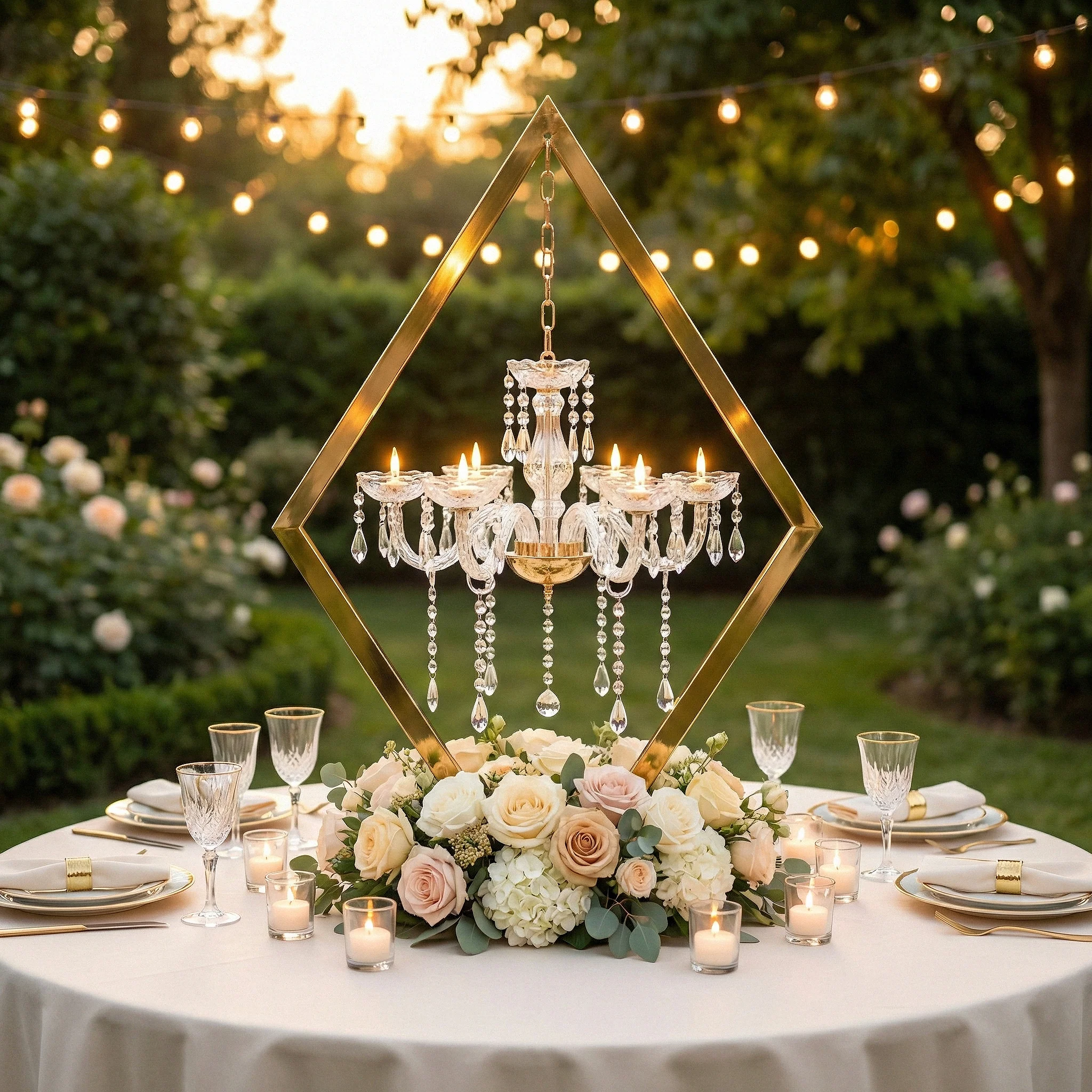 Diamond Shape Centerpiece with Hanging Chandelier - Gold - Image 4