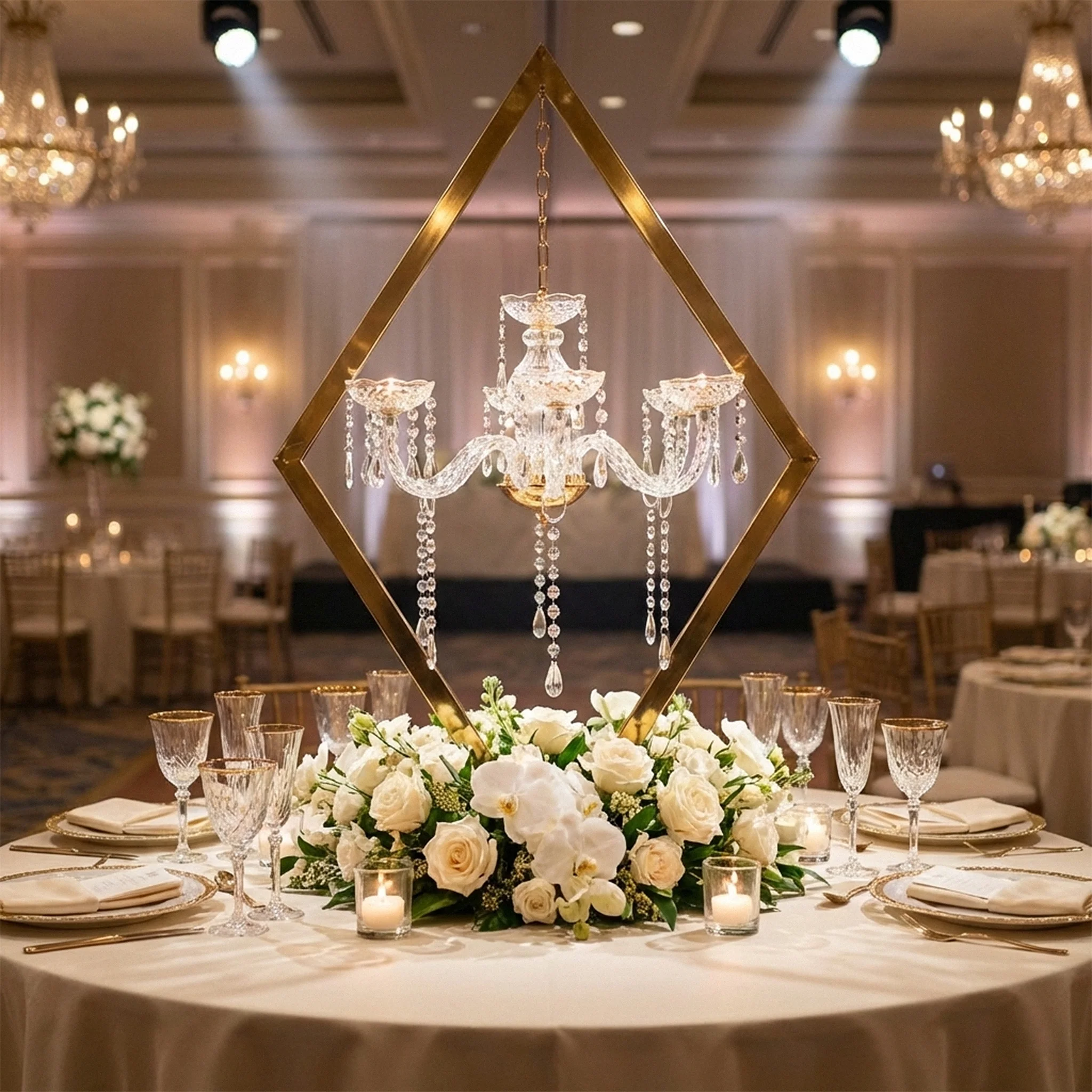 Diamond Shape Centerpiece with Hanging Chandelier - Gold - Image 8