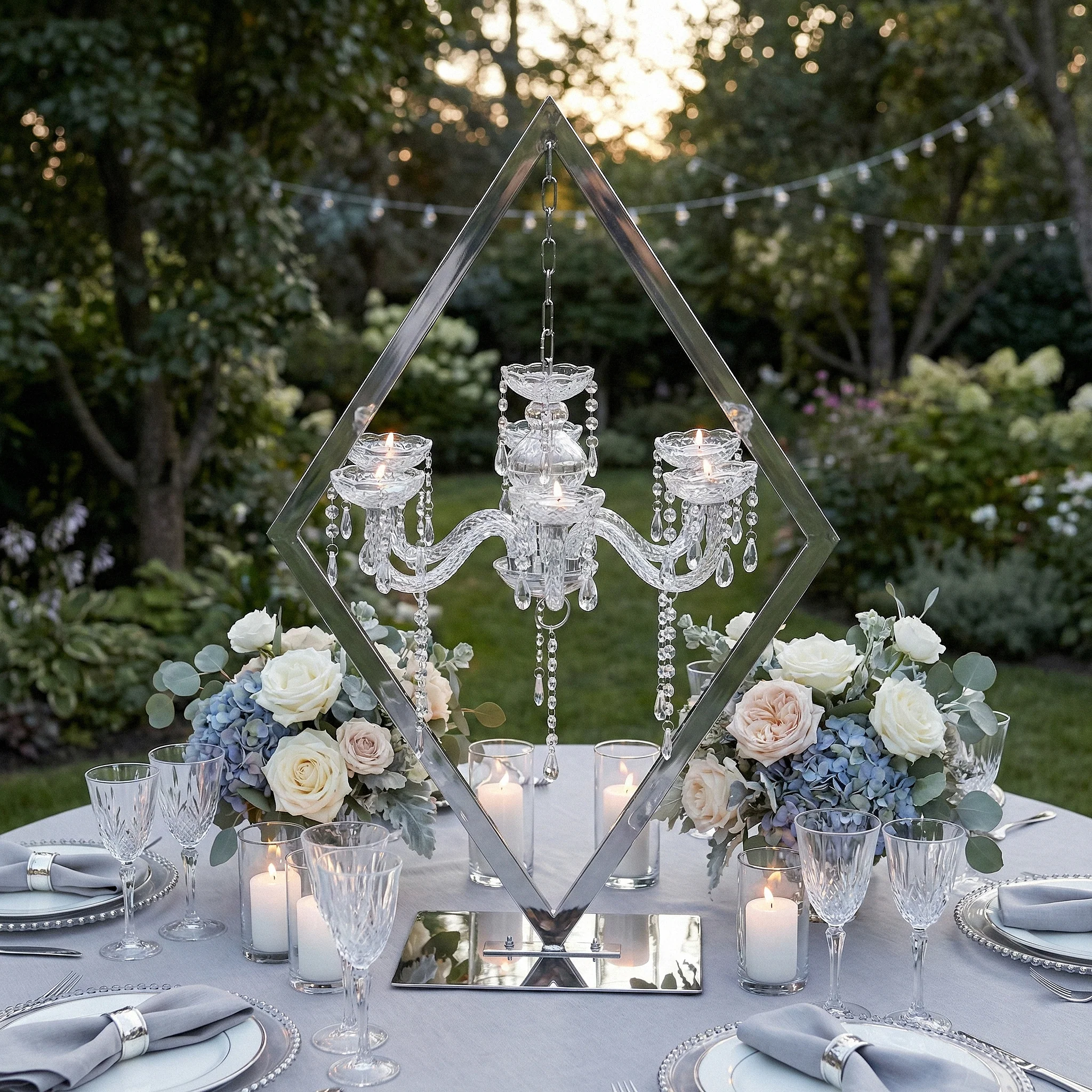 Diamond Shape Centerpiece with Hanging Chandelier - Silver - Image 2