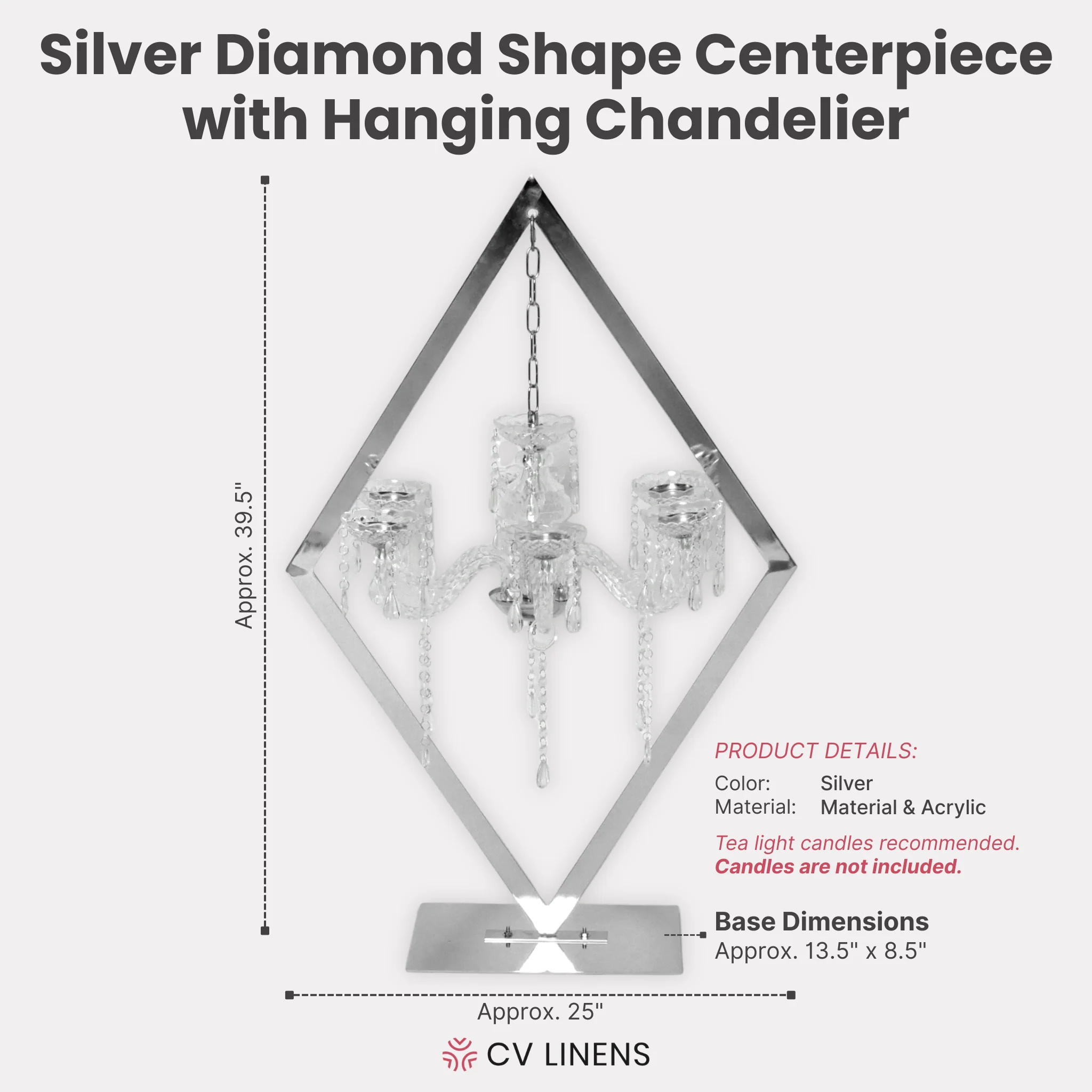 Diamond Shape Centerpiece with Hanging Chandelier - Silver - Image 3