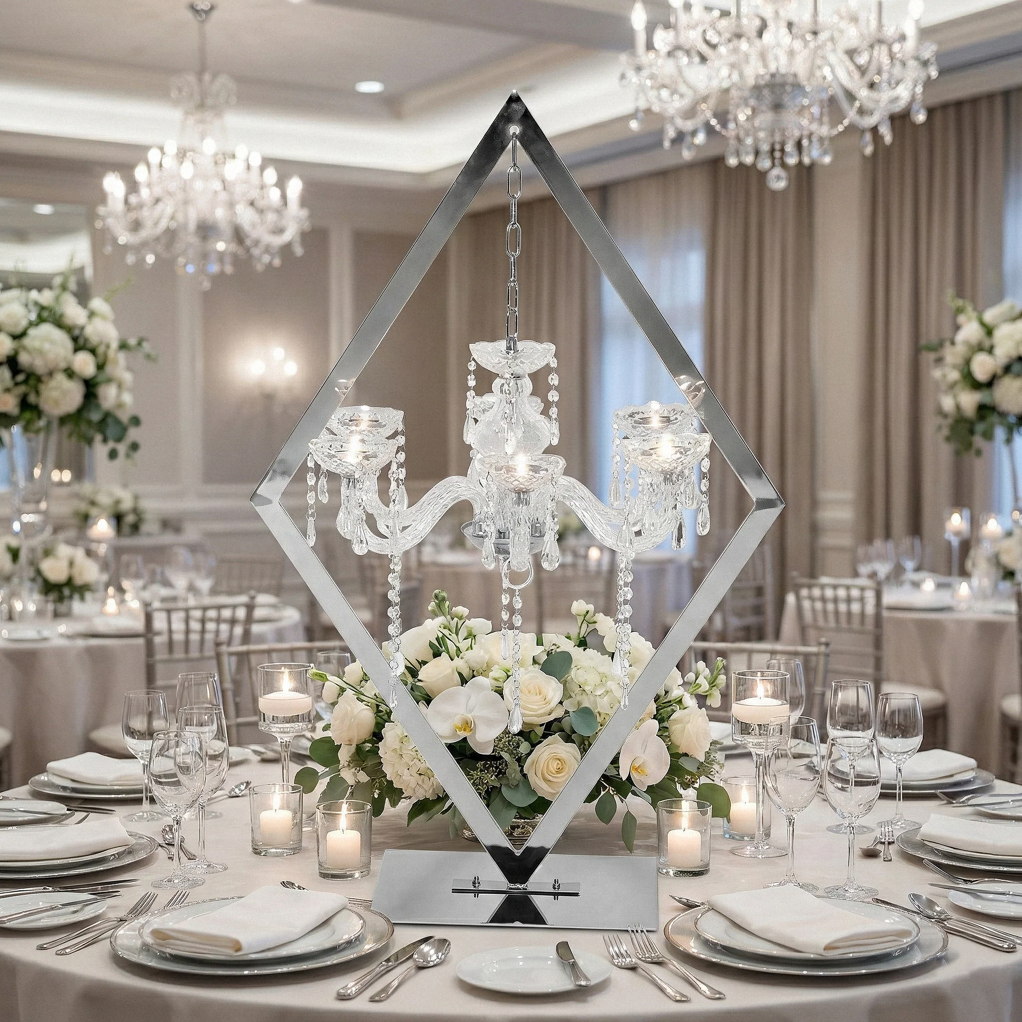 Diamond Shape Centerpiece with Hanging Chandelier - Silver - Image 6