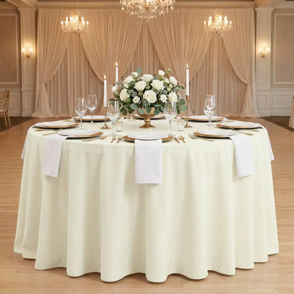 Economy Premium Polyester Tablecloth 132" Round - Light Ivory/Off White
