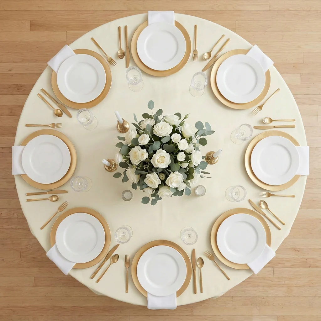 Economy Premium Polyester Tablecloth 132" Round - Light Ivory/Off White - Image 3