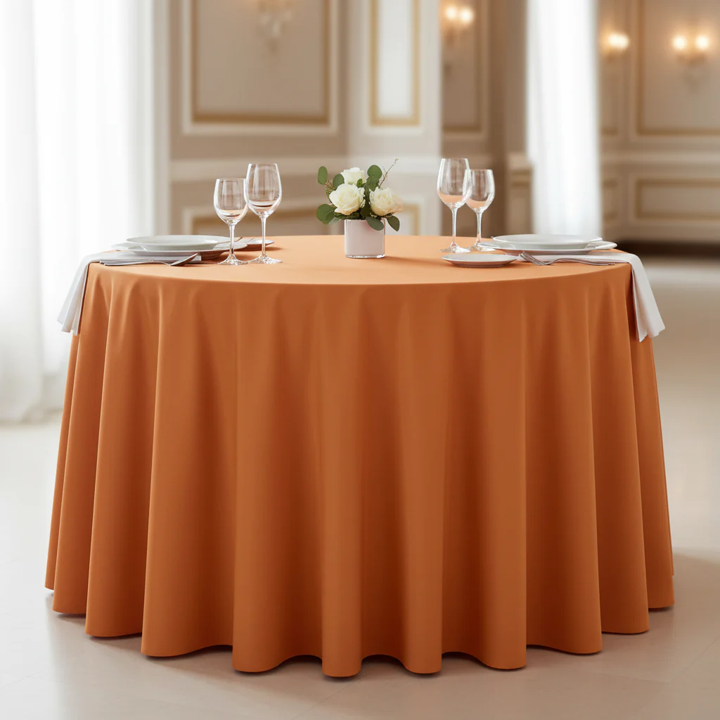 Economy Polyester Tablecloth 120" Round - Burnt Orange - Image 2