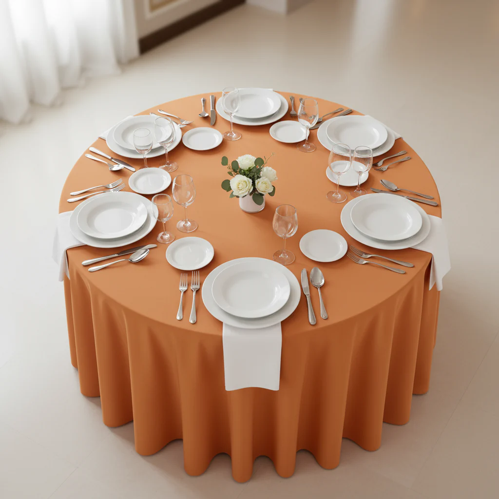Economy Polyester Tablecloth 120" Round - Burnt Orange - Image 3