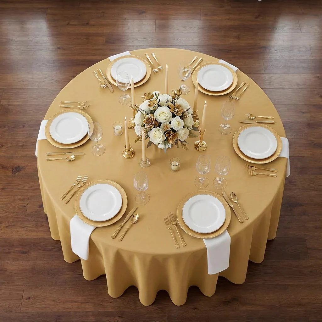 Economy Polyester Tablecloth 120" Round - Gold - Image 3
