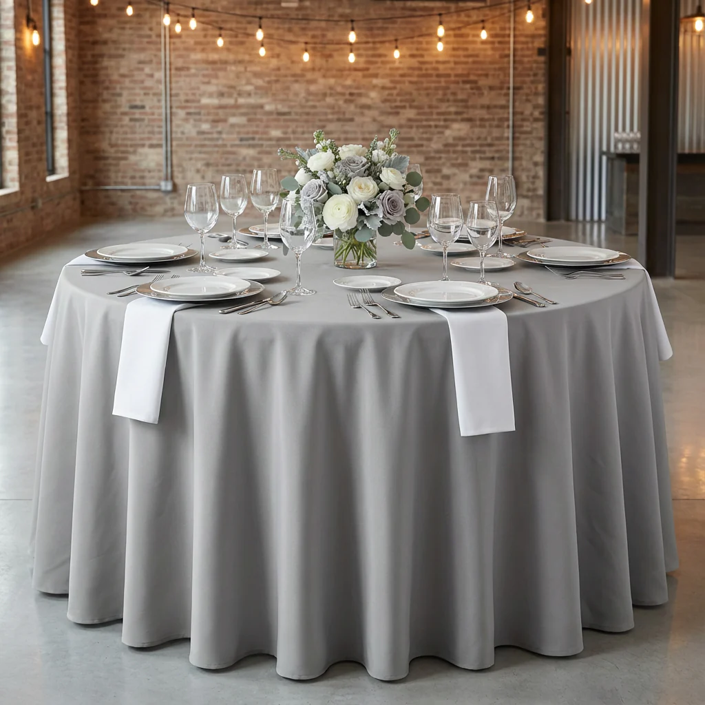 Economy Polyester Tablecloth 120" Round - Gray/Silver - Image 2