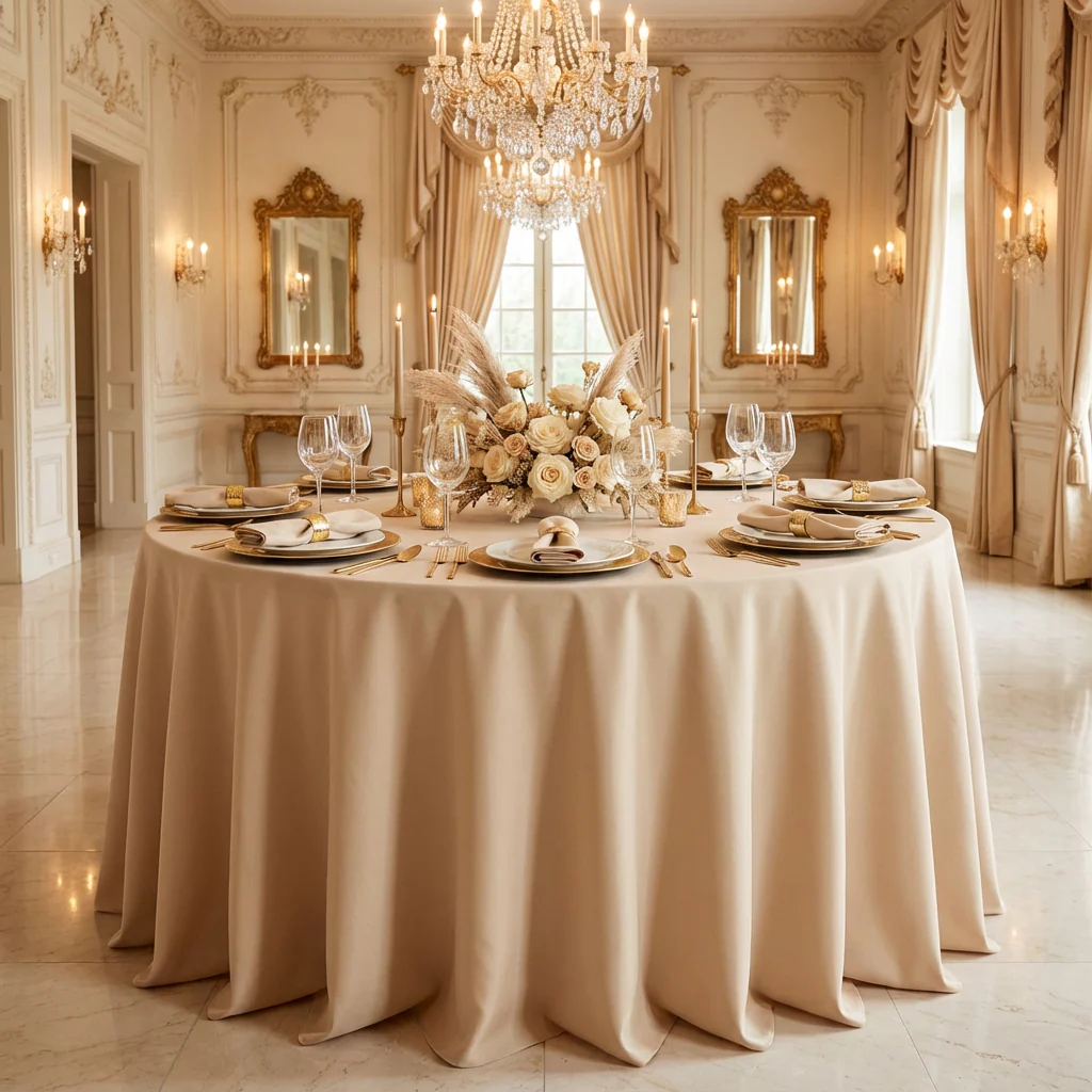 Economy Polyester Tablecloth 132" Round - Champagne - Image 2