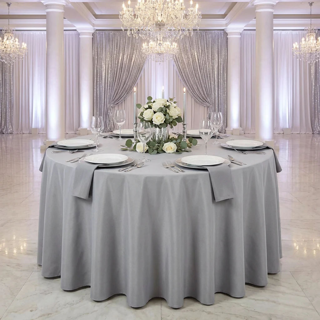 Economy Polyester Tablecloth 132" Round - Gray/Silver - Image 2