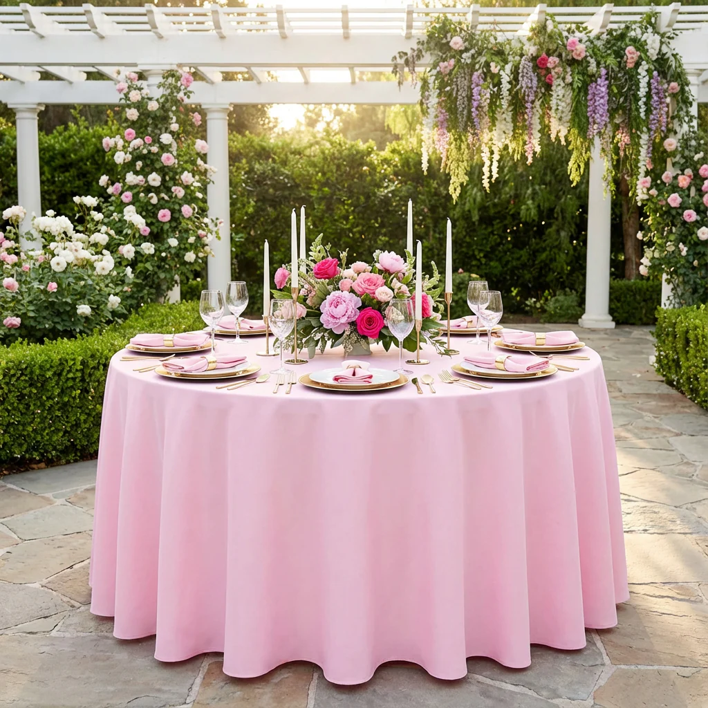 Economy Polyester Tablecloth 132" Round - Pink - Image 2