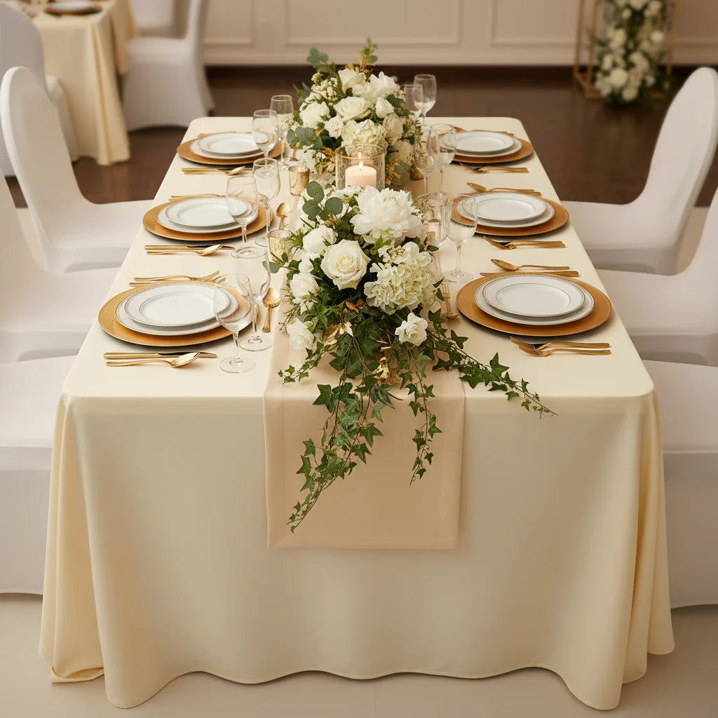 Economy Polyester Tablecloth 90"x132" Oblong Rectangular - Champagne - Image 2