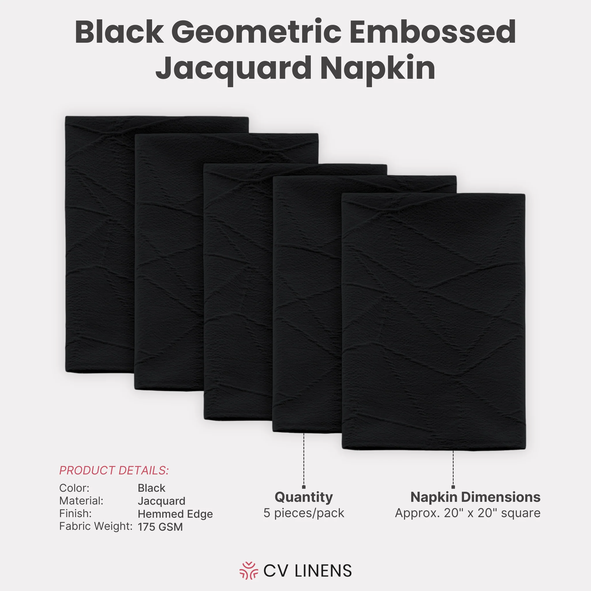 5 pcs/pk Embossed Geometric Jacquard Napkin 20"x20" - Black - Image 3