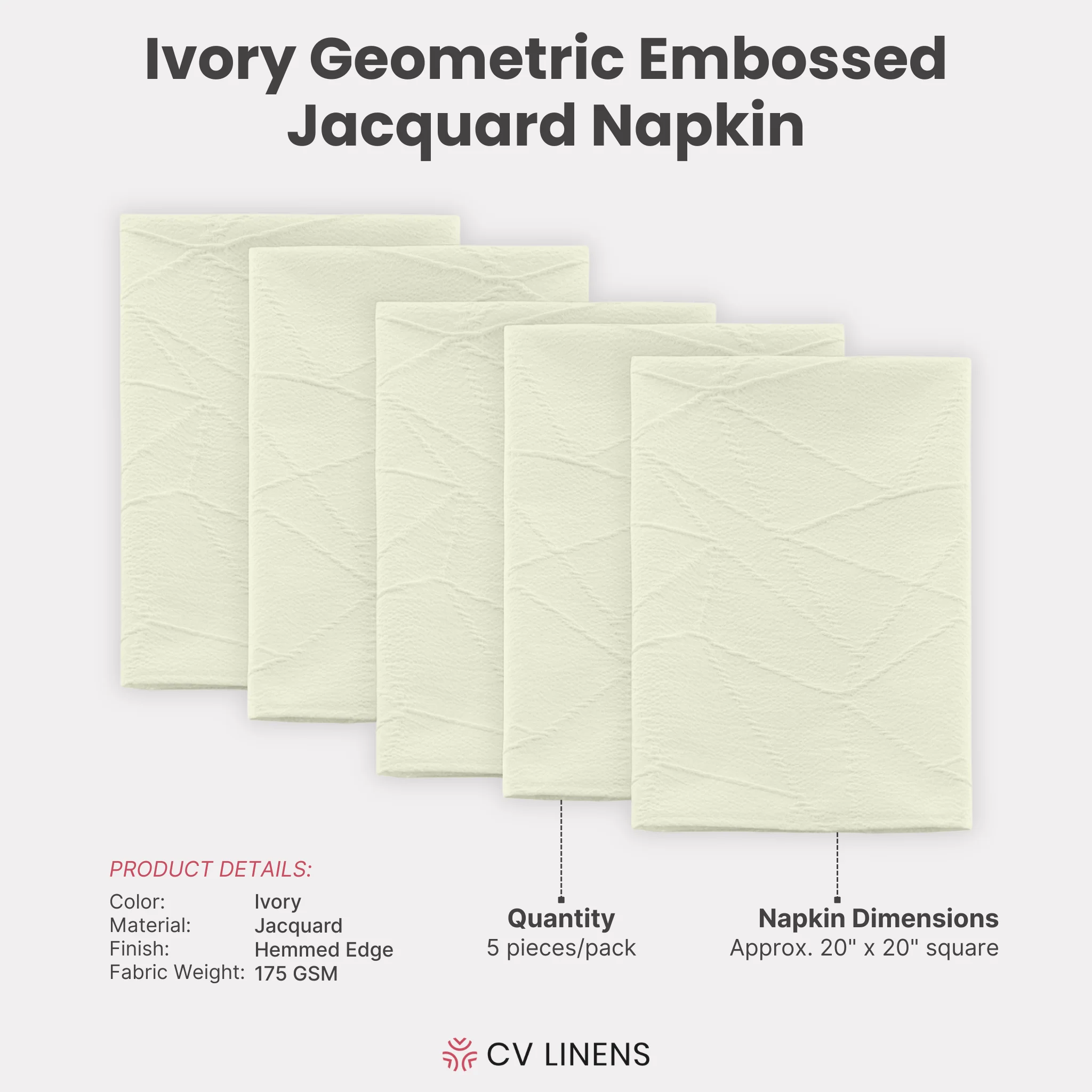 5 pcs/pk Embossed Geometric Jacquard Napkin 20"x20" - Ivory - Image 3