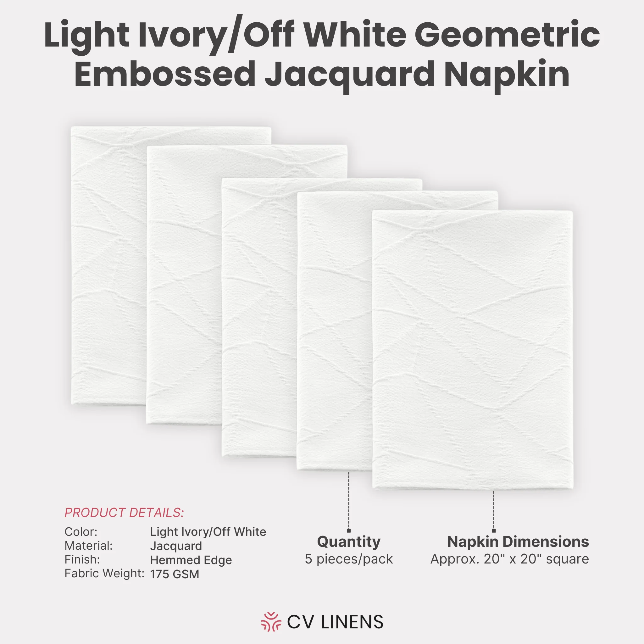 5 pcs/pk Embossed Geometric Jacquard Napkin 20"x20" - Light Ivory/Off White - Image 3