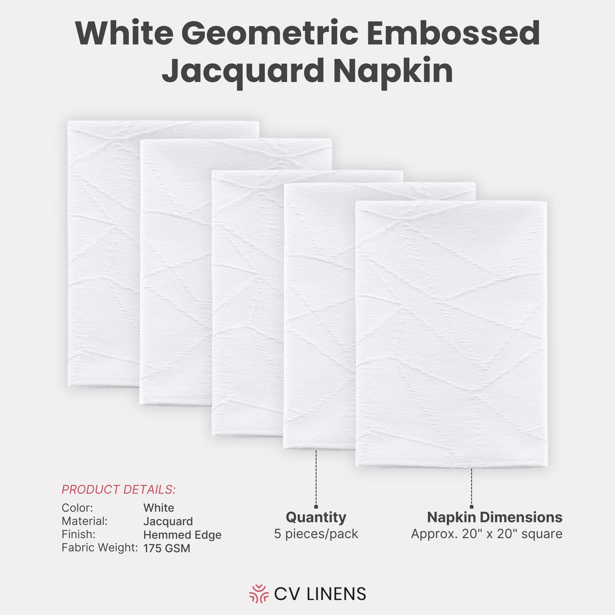 5 pcs/pk Embossed Geometric Jacquard Napkin 20"x20" - White - Image 3