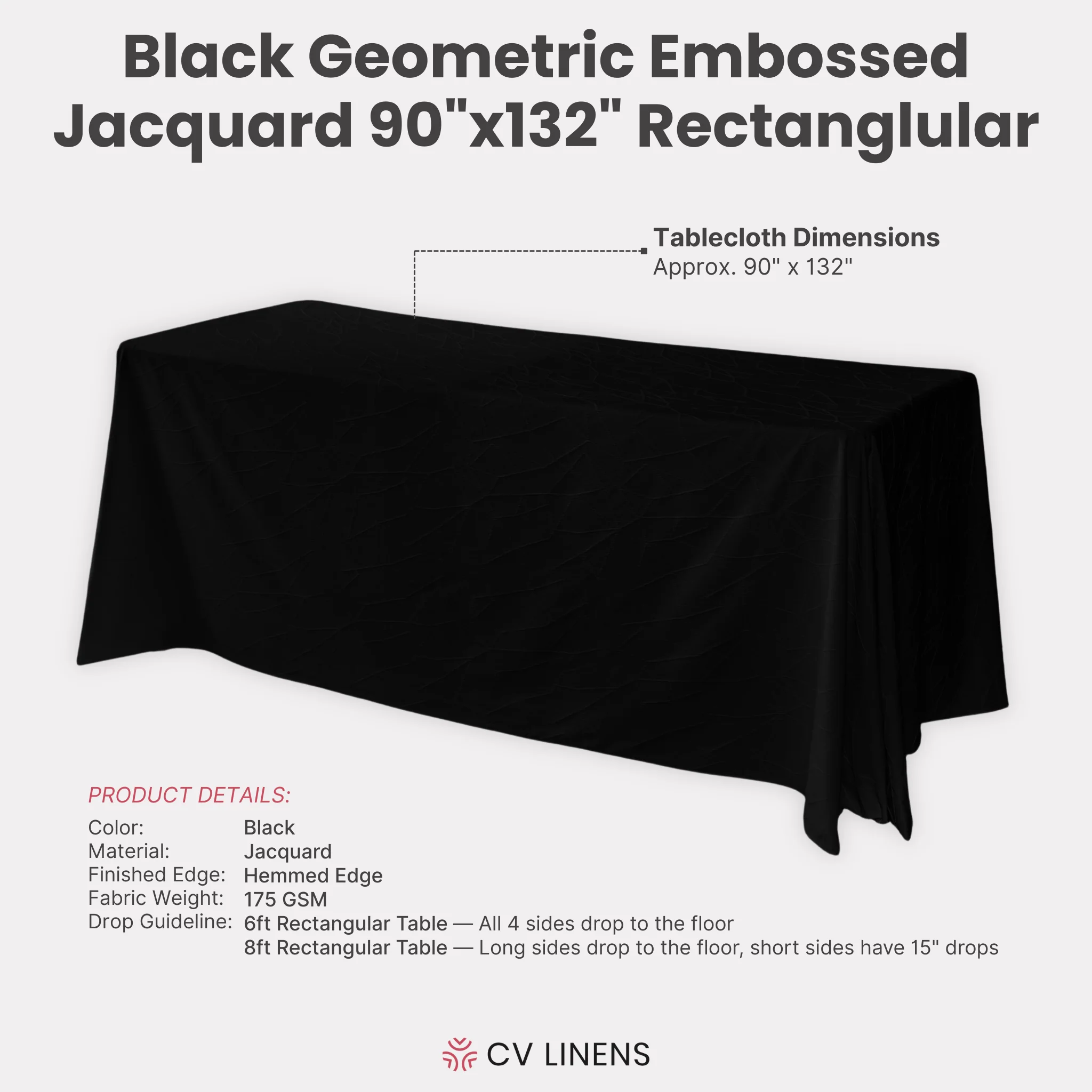 Embossed Geometric Jacquard 90"x132" Rectangle Tablceloth - Black - Image 3