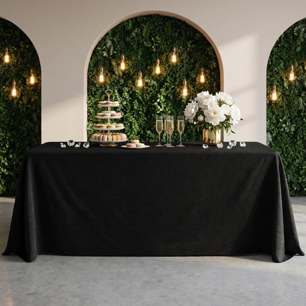Embossed Geometric Jacquard 90"x156" Rectangle Tablecloth - Black - Image 7