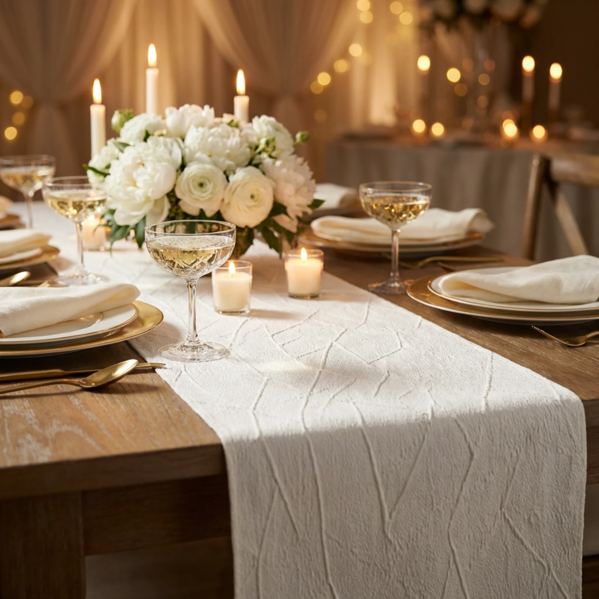 Embossed Geometric Jacquard Table Runner - Light Ivory/Off White - Image 2