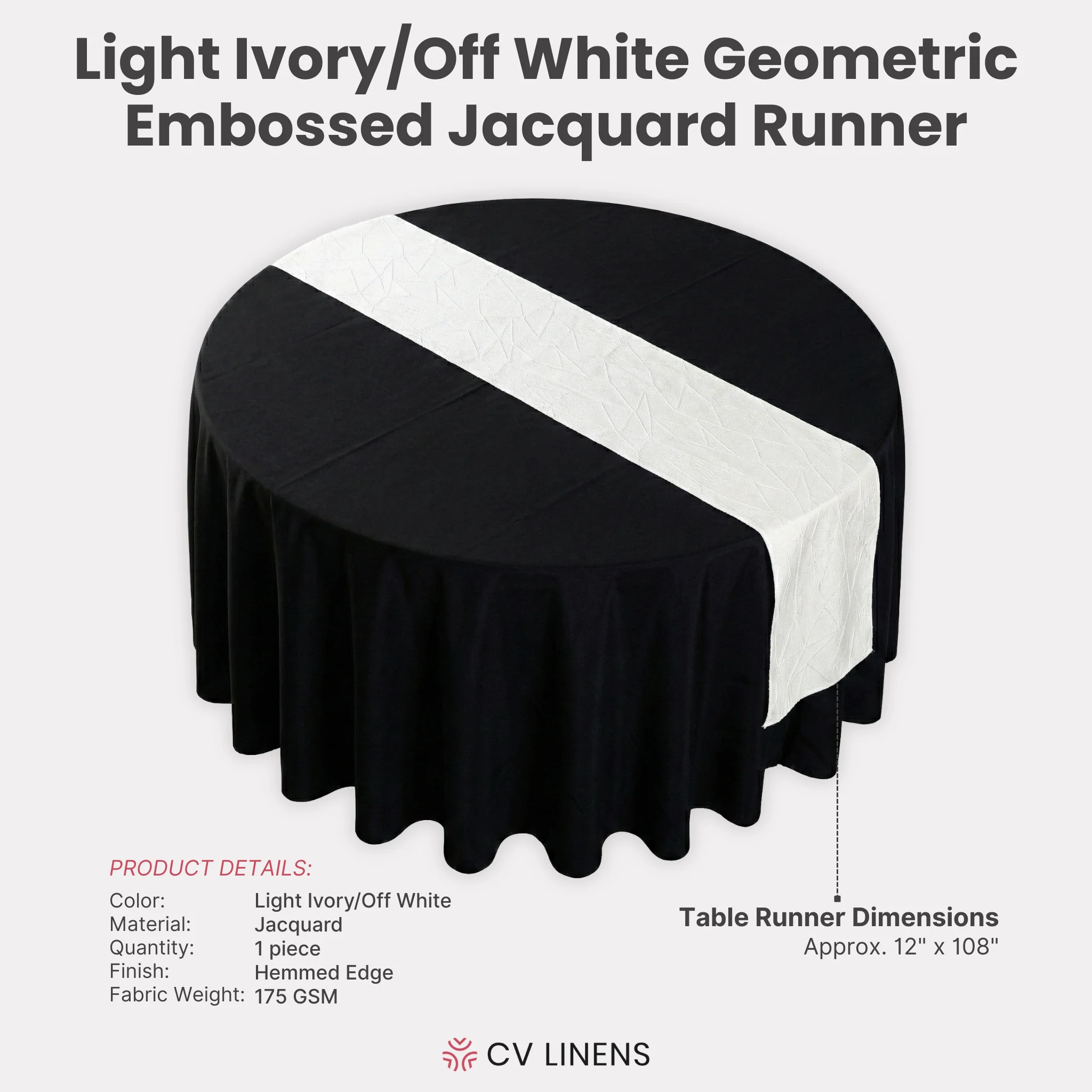 Embossed Geometric Jacquard Table Runner - Light Ivory/Off White - Image 4