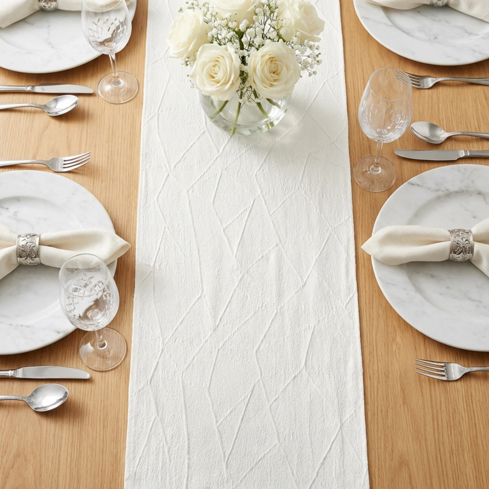Embossed Geometric Jacquard Table Runner - Light Ivory/Off White - Image 7