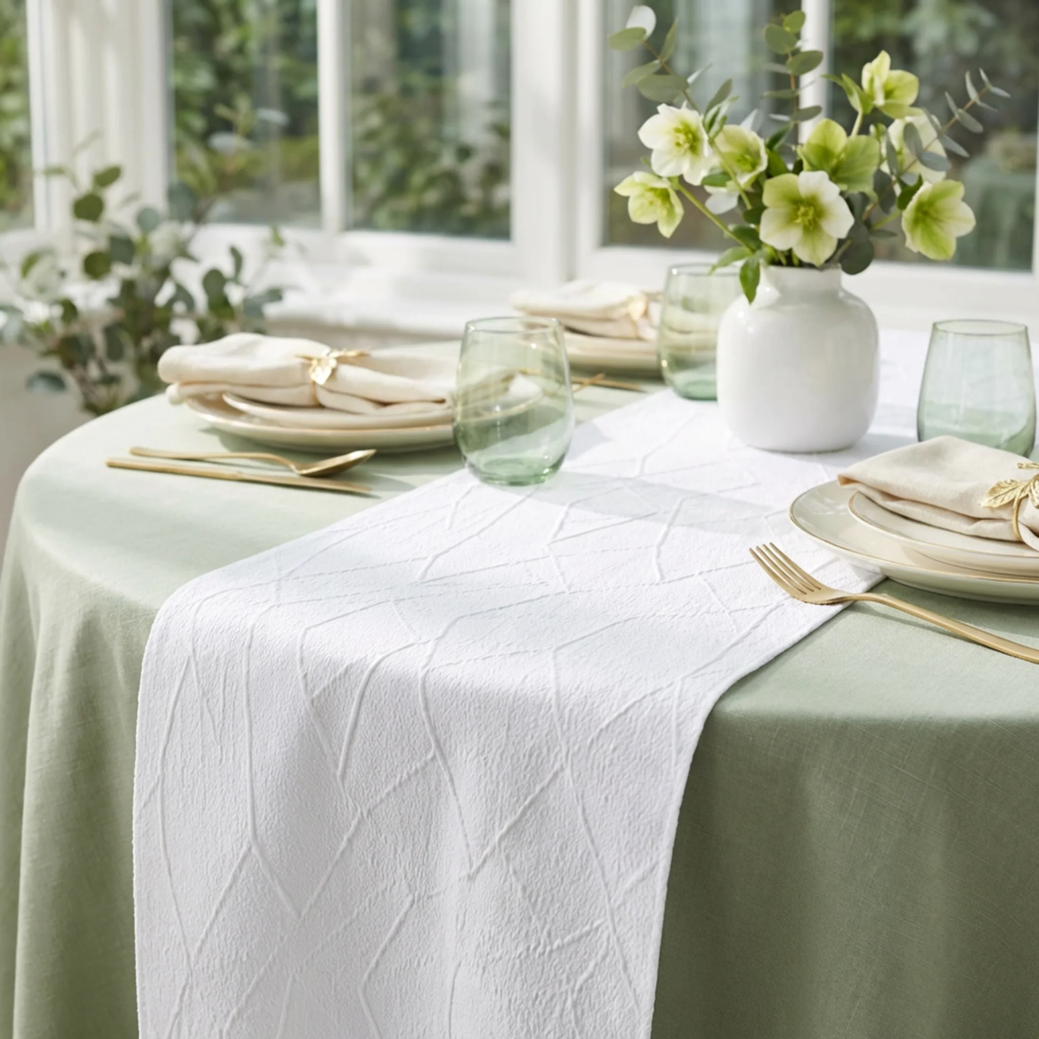 Embossed Geometric Jacquard Table Runner - White - Image 2