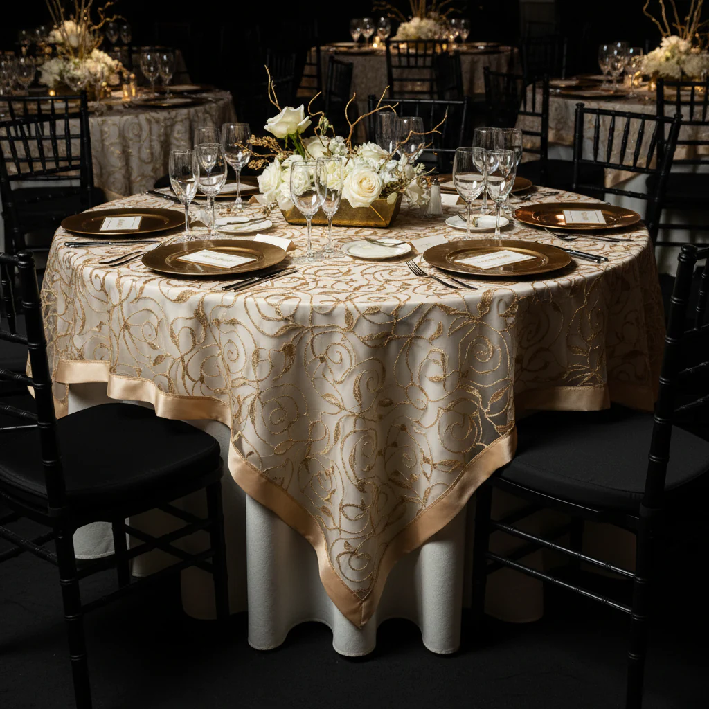 Embroidery Swirl Overlay 90"x90" Square Table Topper - Champagne