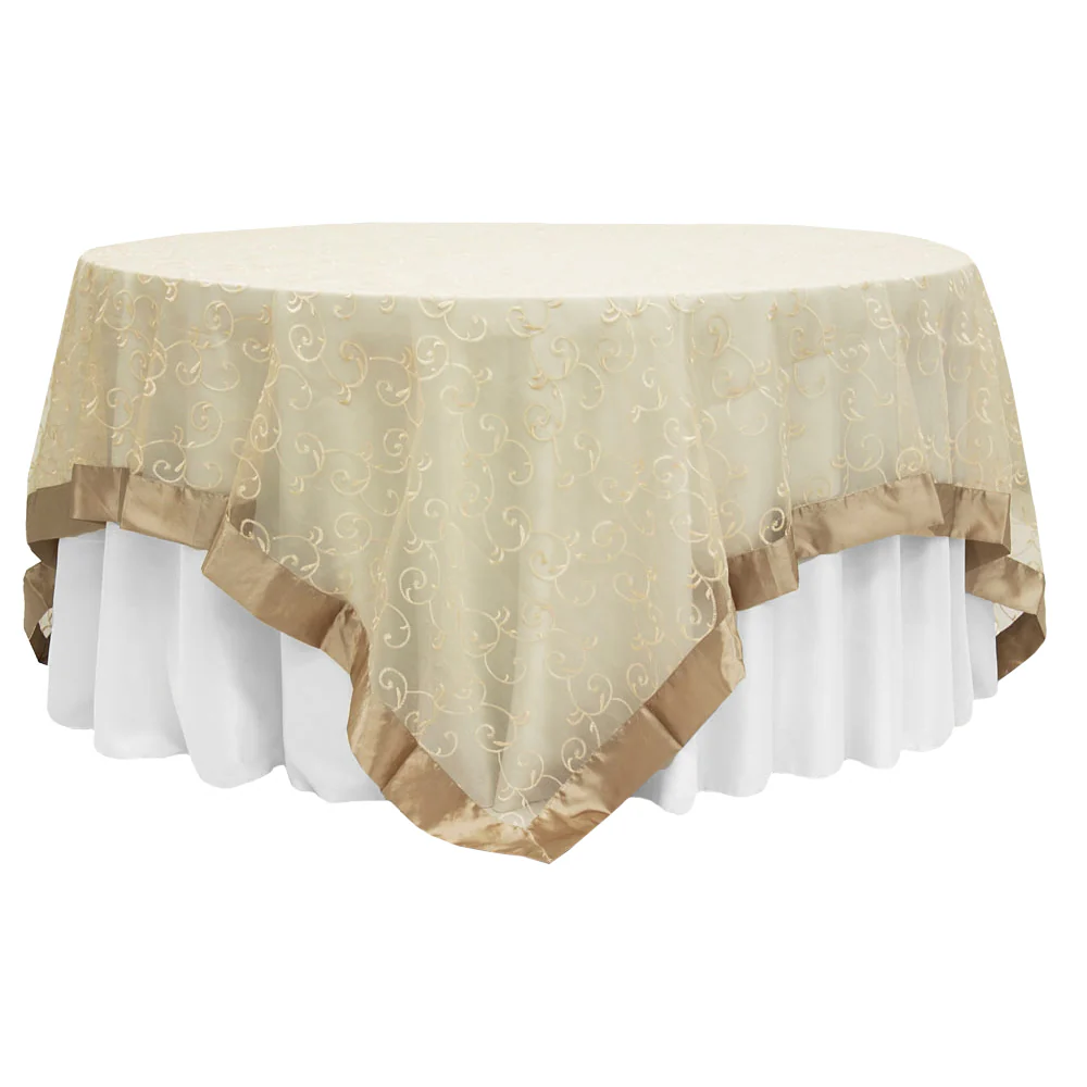 Embroidery Swirl Overlay 90"x90" Square Table Topper - Champagne - Image 2