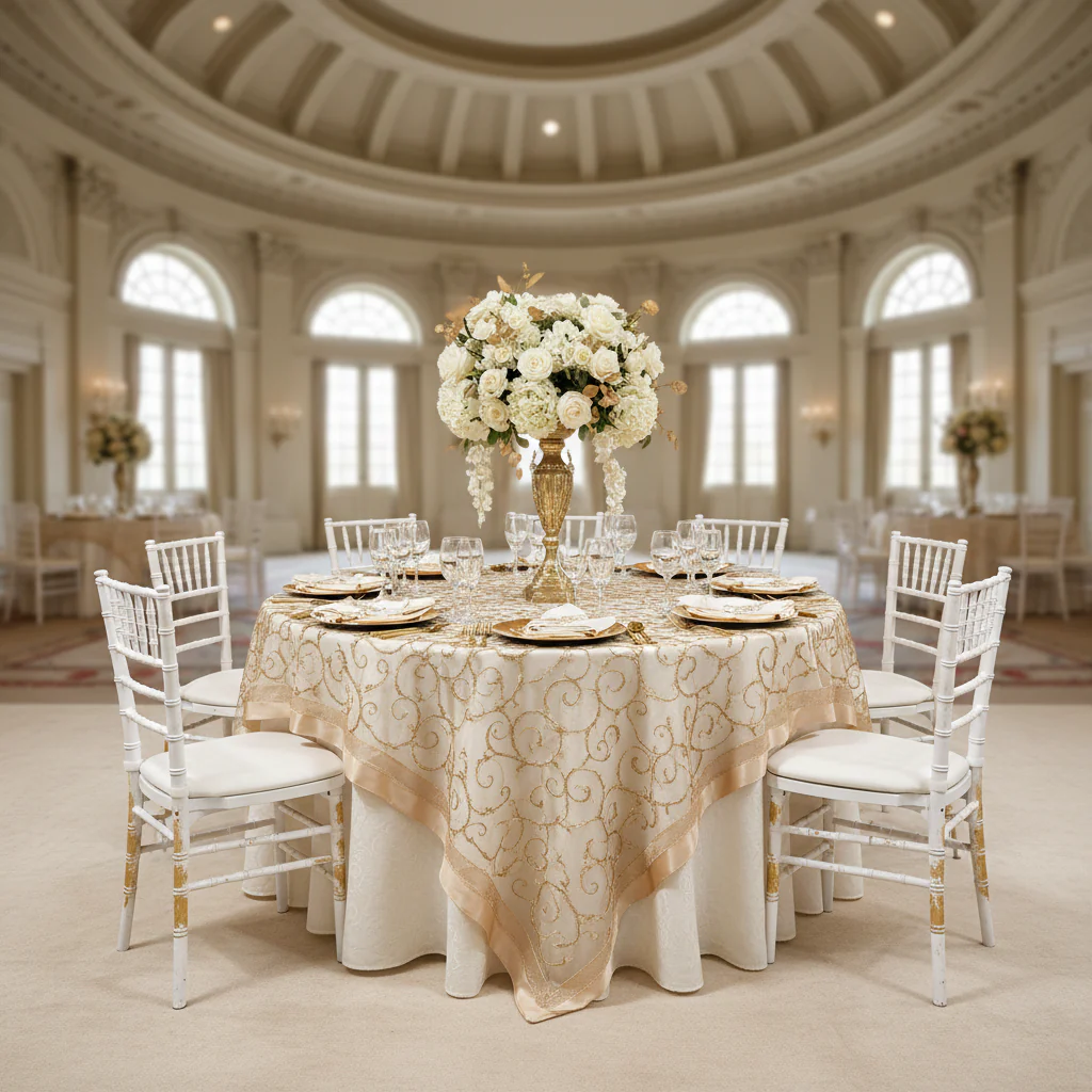 Embroidery Swirl Overlay 90"x90" Square Table Topper - Champagne - Image 3