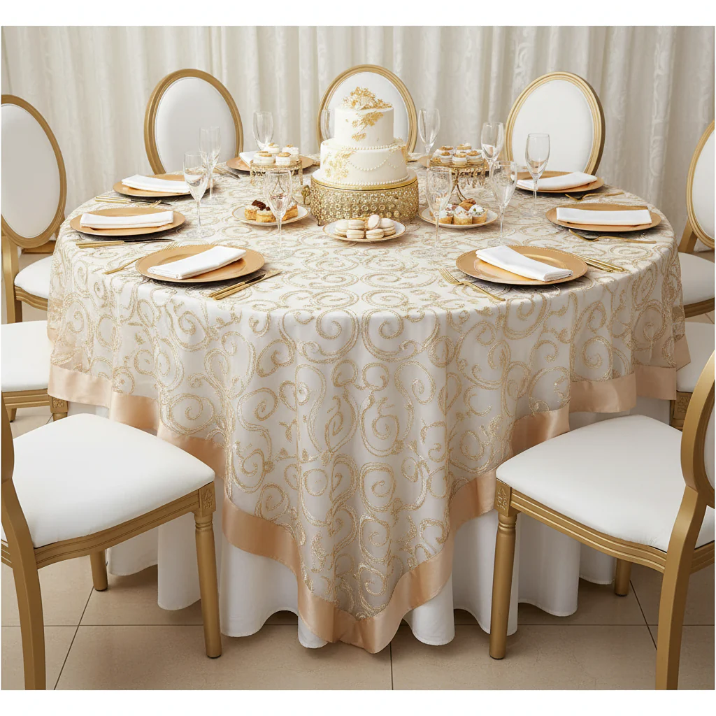 Embroidery Swirl Overlay 90"x90" Square Table Topper - Champagne - Image 4
