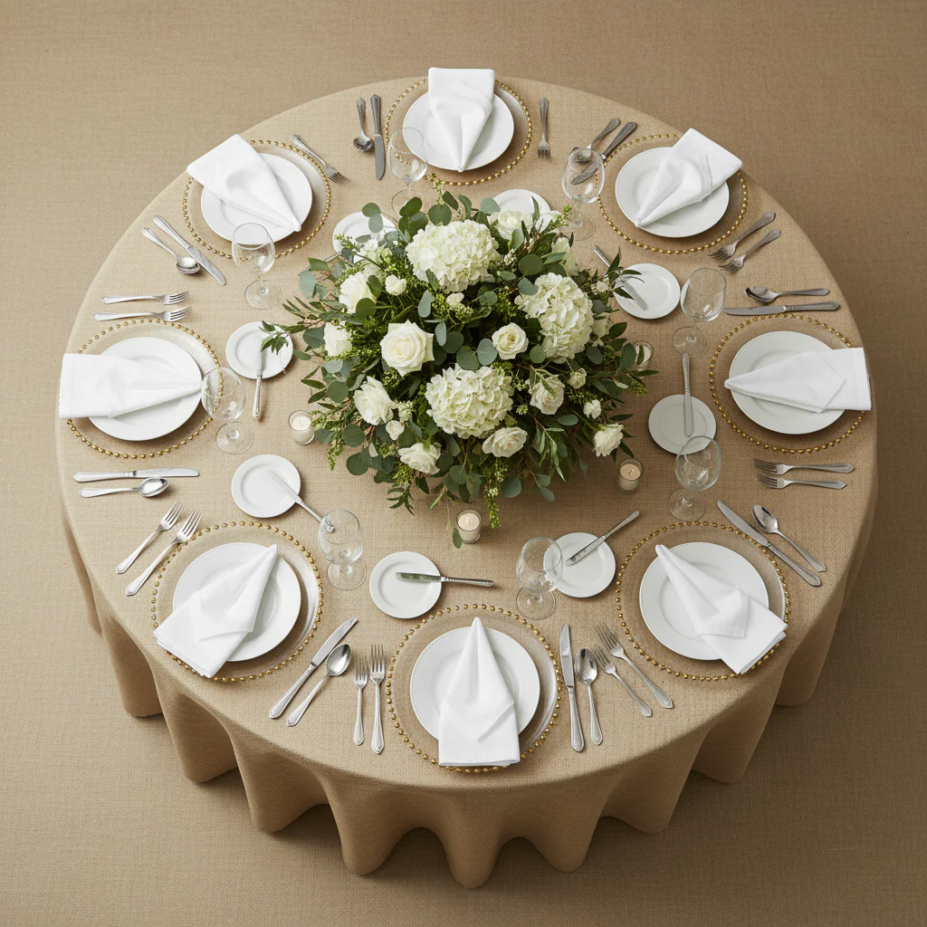 Faux Burlap Tablecloth 120" Round - Natural Tan - Image 4