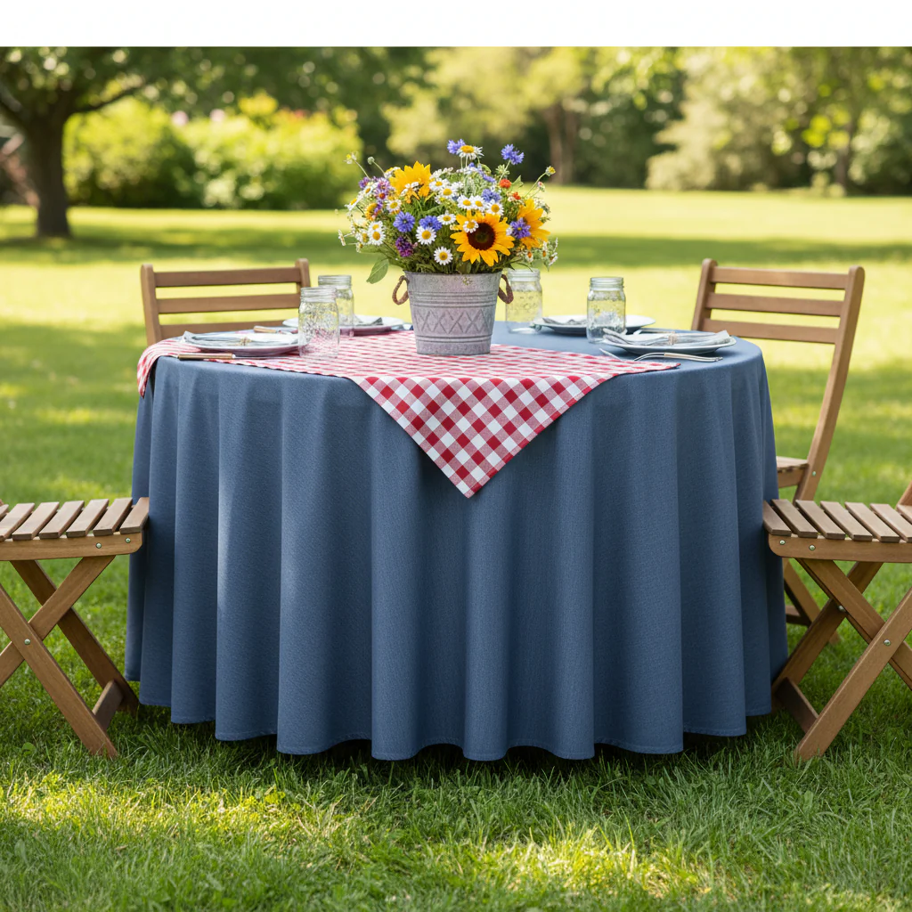 Faux Denim Tablecloth 108" Round - Dark Blue - Image 3